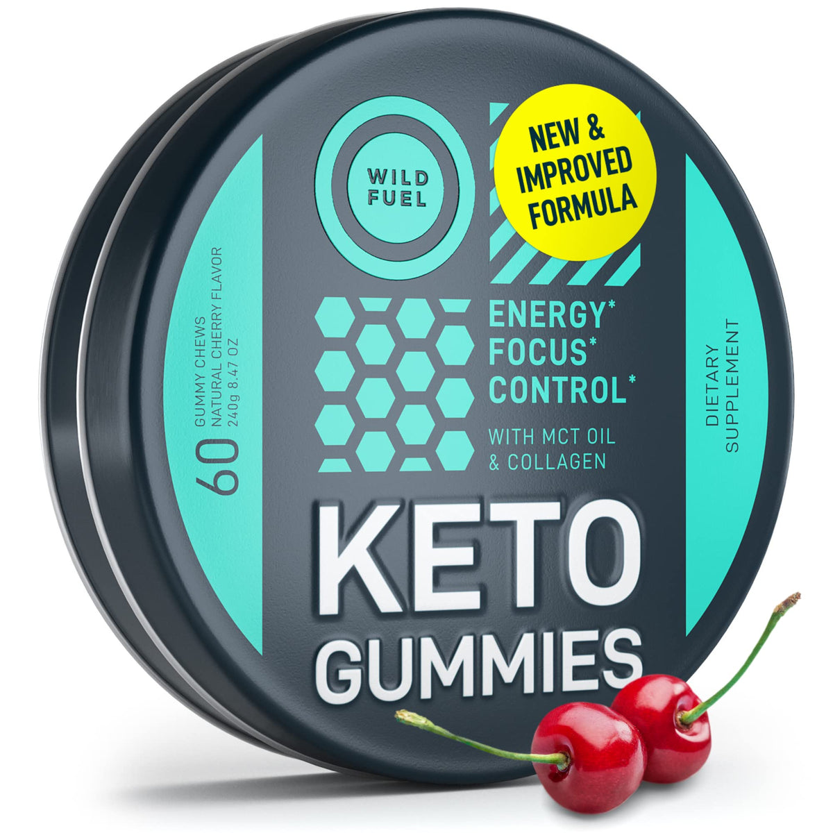 Gommes MCT Wild Fuel cerise dans une bouteille, énergie durable et plaisir gourmand.