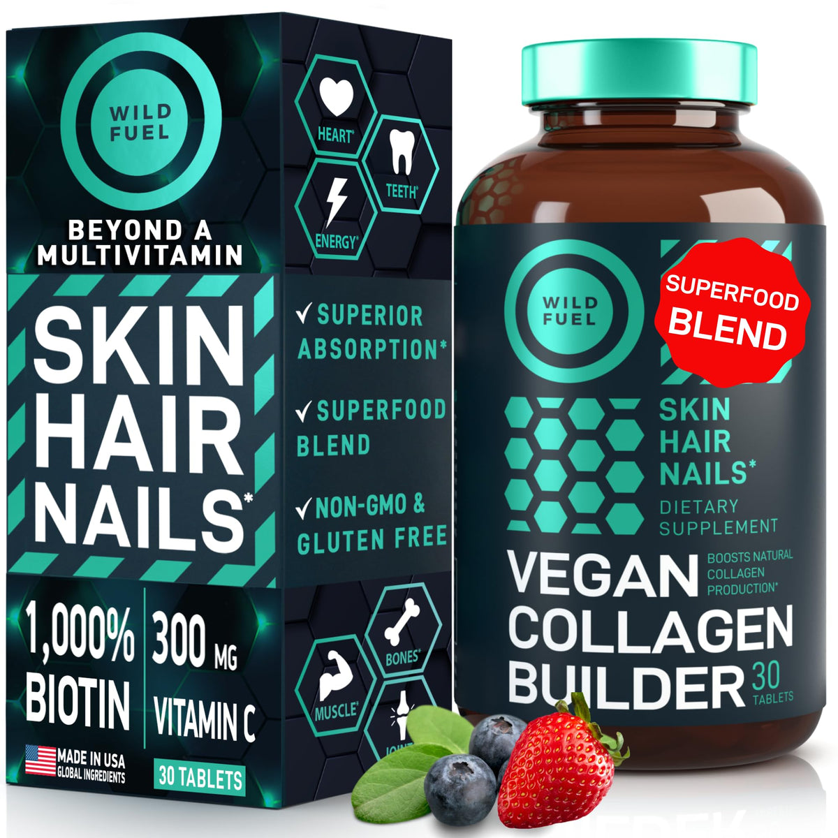 Wild Fuel Vegan Collagen Builder vue emballage et comprimés pour soutien beauté naturelle