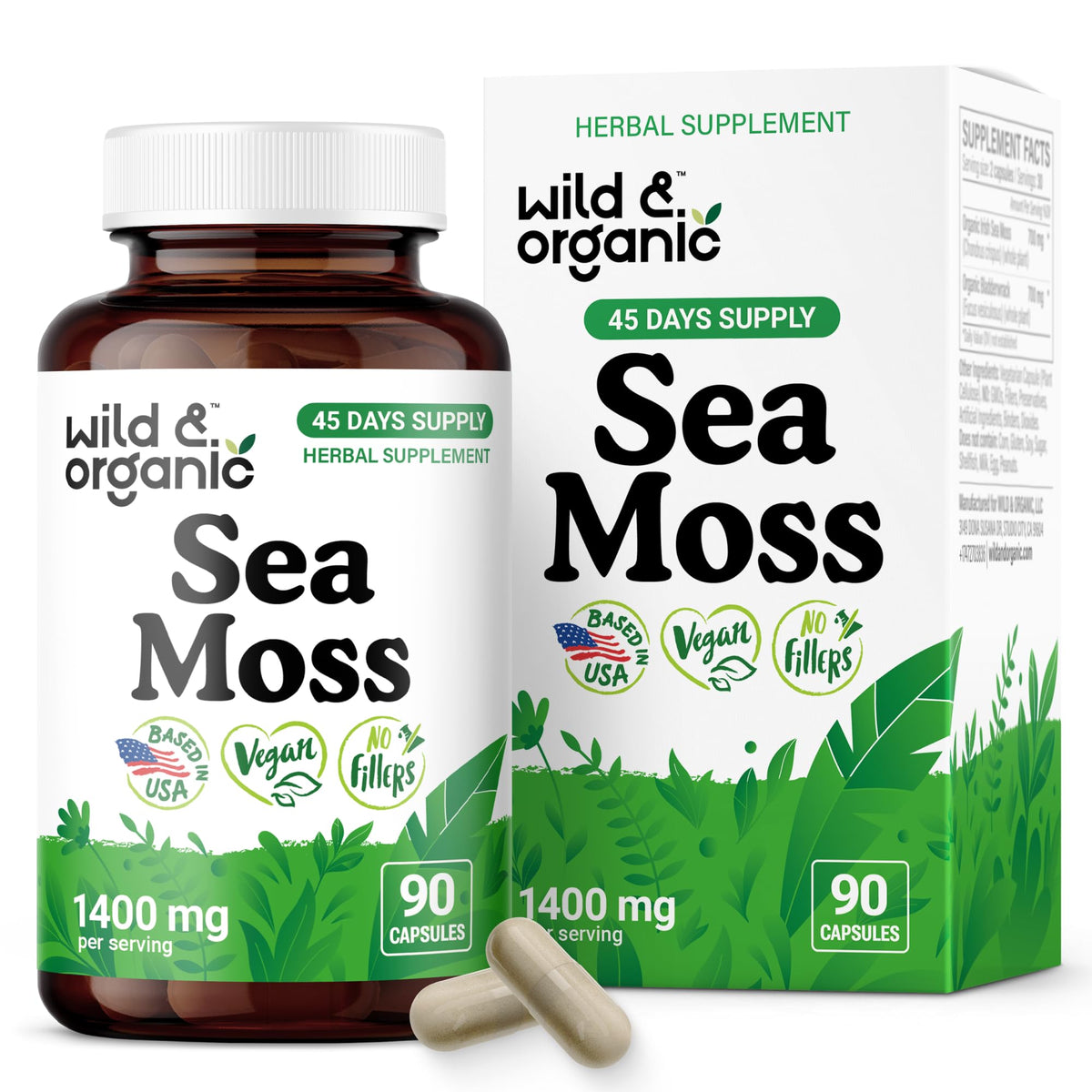 Wild & Organic algue irlandaise en capsules, bouteille prête pour le quotidien.