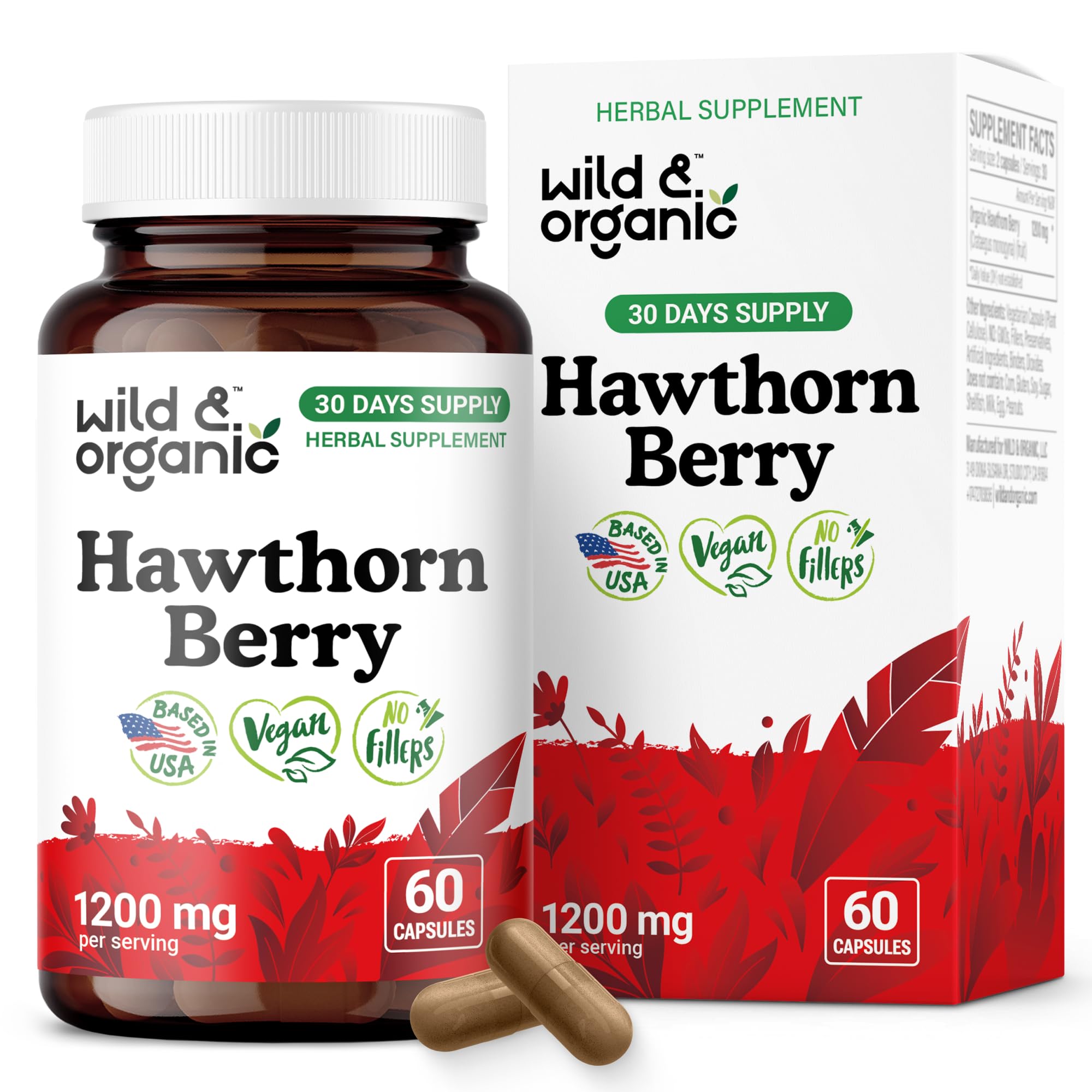 Wild & Organic Aubépine – Bouteille de capsules 1200 mg, usage quotidien pratique.