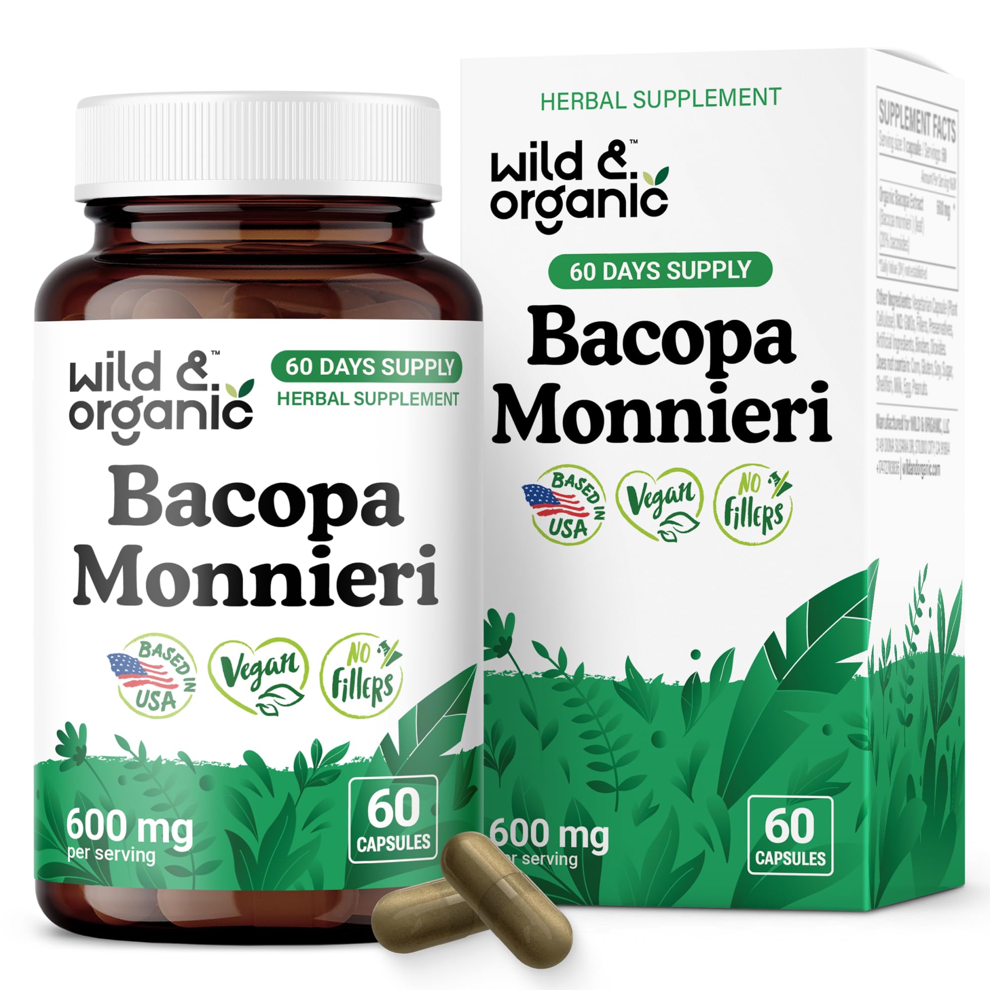 Wild & Organic bacopa 600 mg, bouteille, soutien potentiel à la concentration.