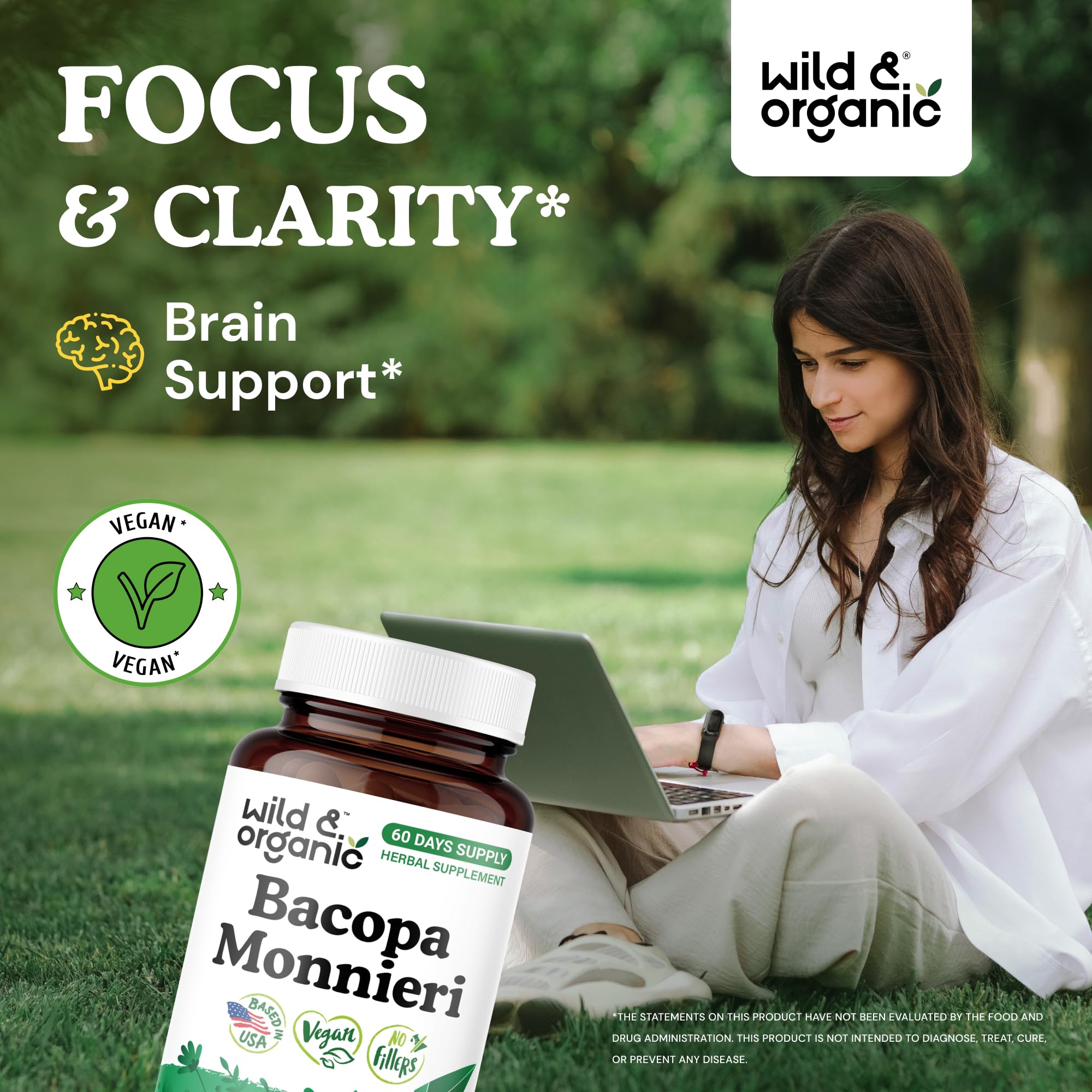 Gélules Wild & Organic bacopa 600 mg en gros plan, faciles à avaler.