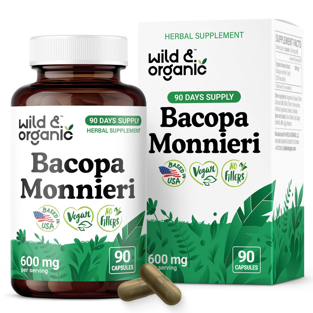 Wild & Organic Bacopa Gelules - bouteille vue avant pour usage quotidien
