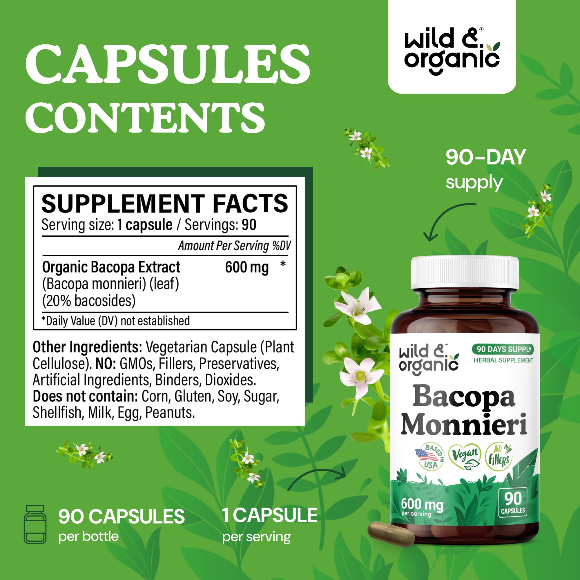 Wild & Organic Bacopa Gelules - étiquette et ingrédients végétaux végane