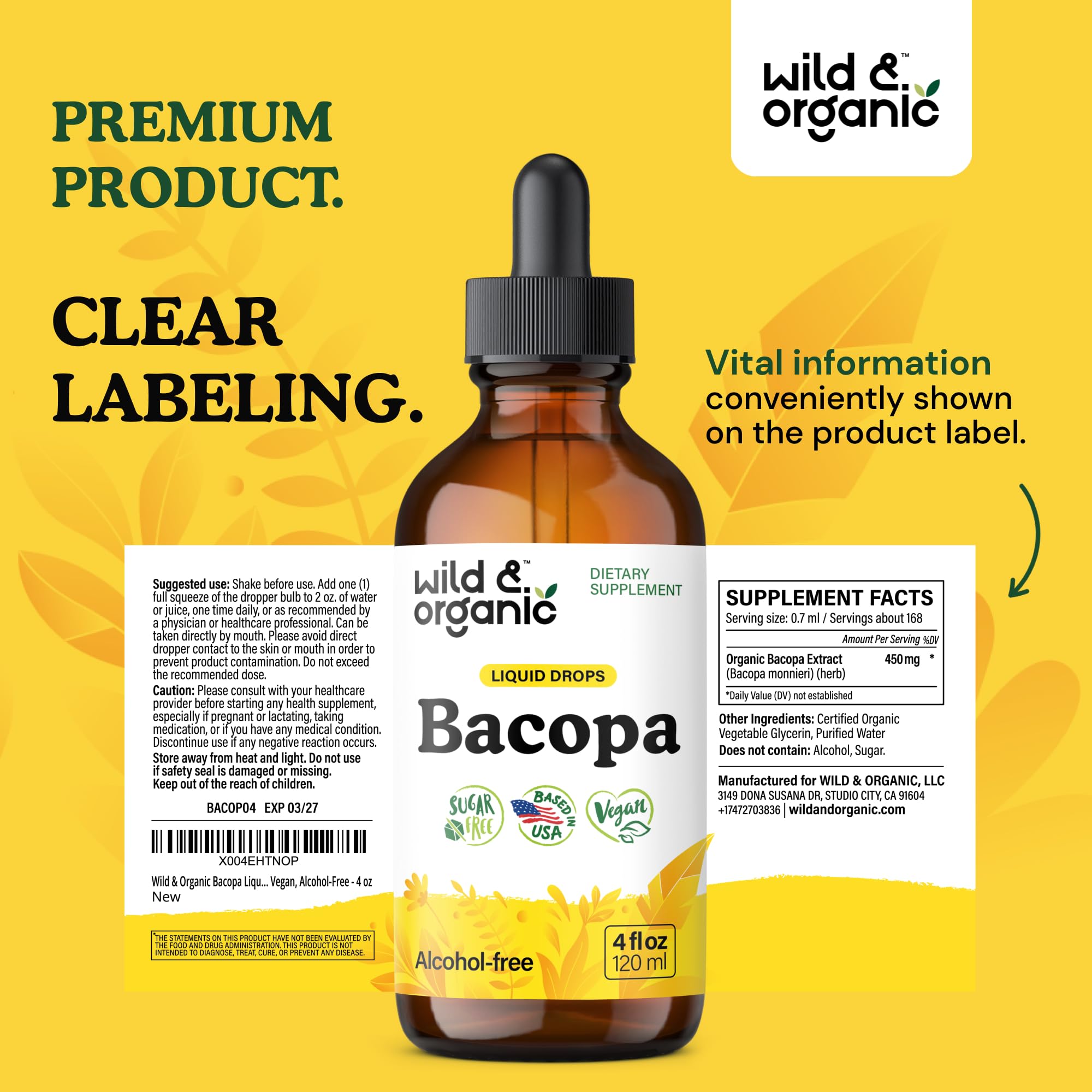 Wild & Organic Bacopa Gouttes: 168 portions indiquées sur l’étiquette
