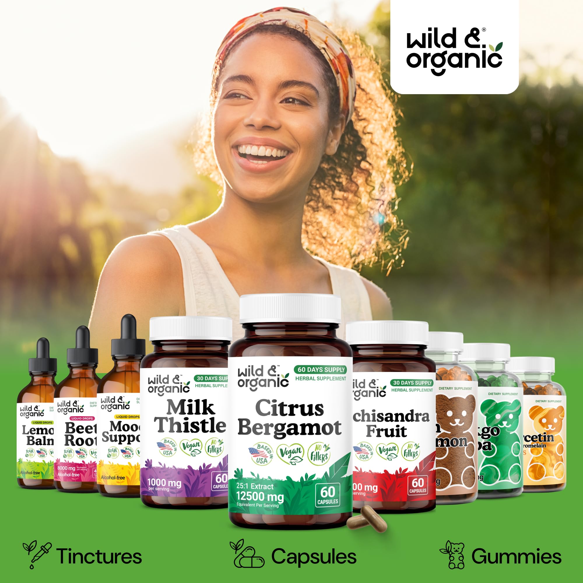 Emballage écologique Wild & Organic Bergamote avec design naturel.