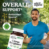 Étiquette Wild & Organic Bergamote indiquant une formule vegan et sans OGM.