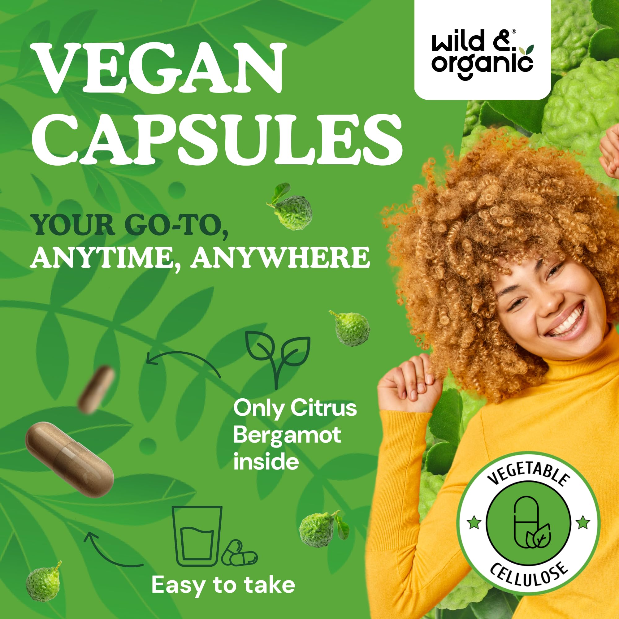 Ingrédients véganes visibles sur les gélules Wild & Organic Bergamote.