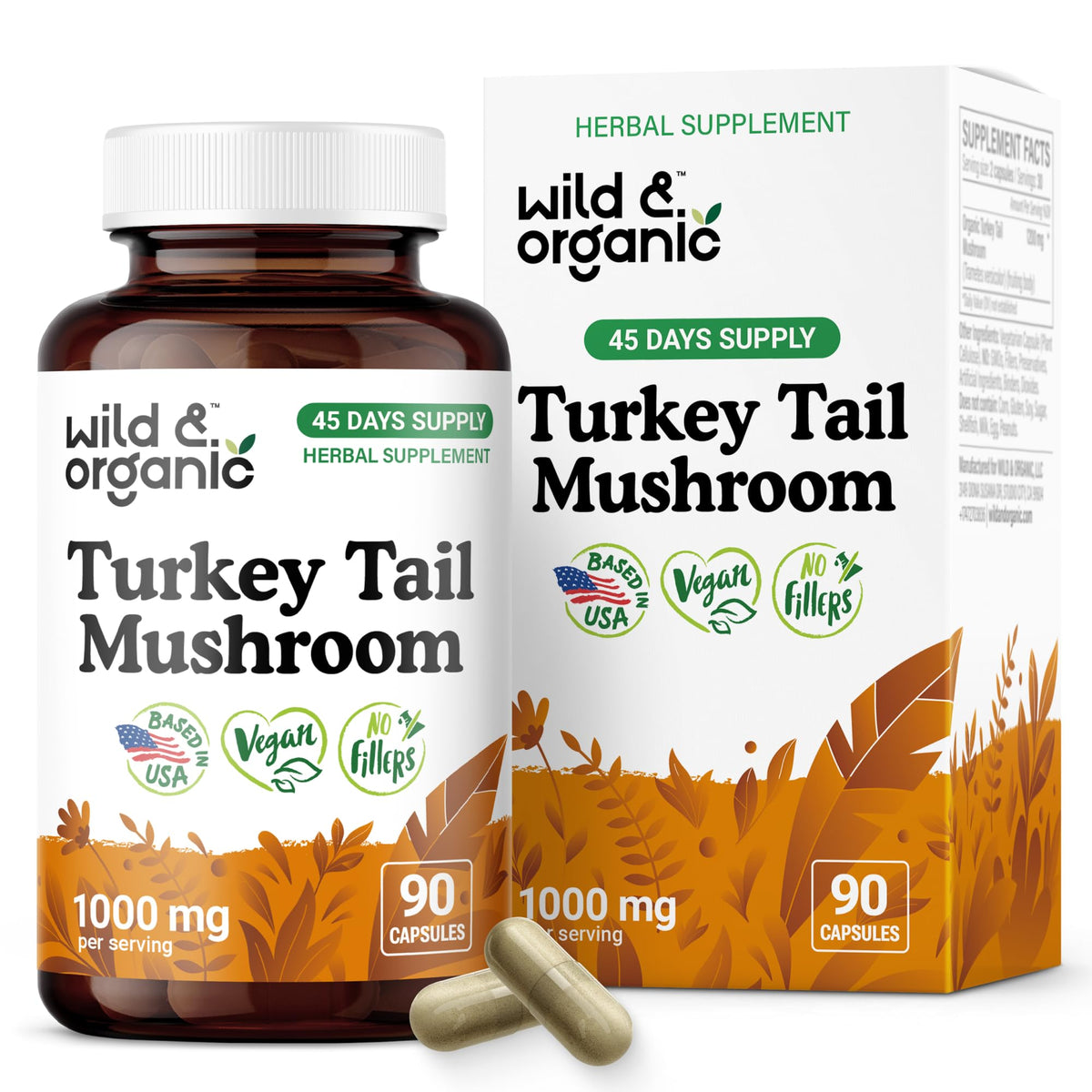 Wild & Organic: bouteille de capsules tramète-versicolore, faciles à prendre.