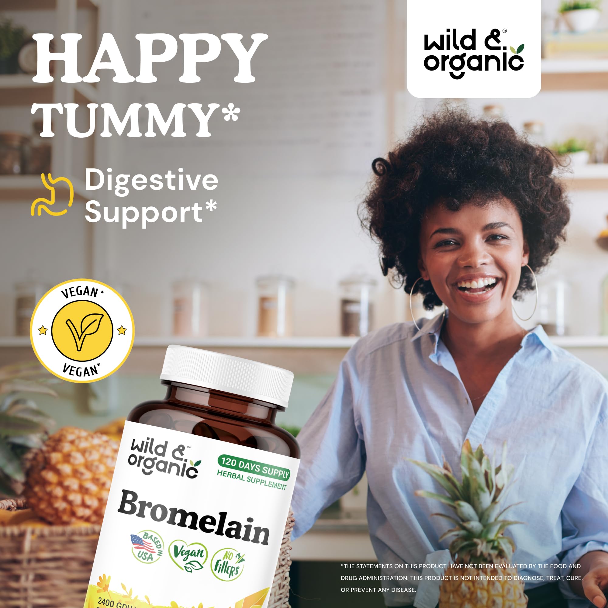 Wild & Organic bromélaïne capsules bouteille avec flacon pratique.