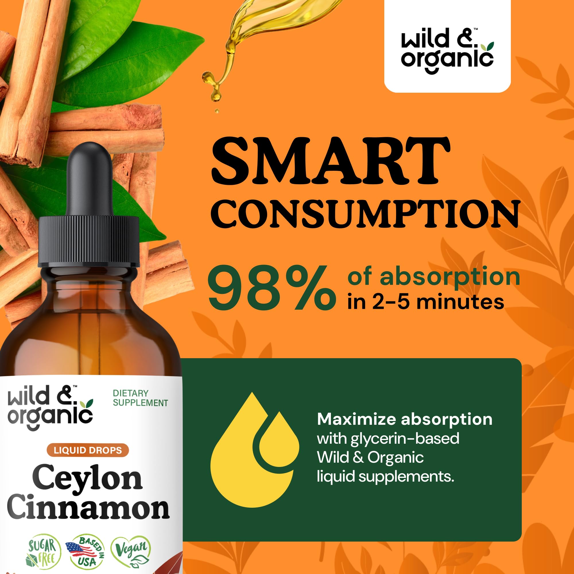 Wild & Organic Cannelle Ceylon teinture – bouteille ouverte et bouchon visibles