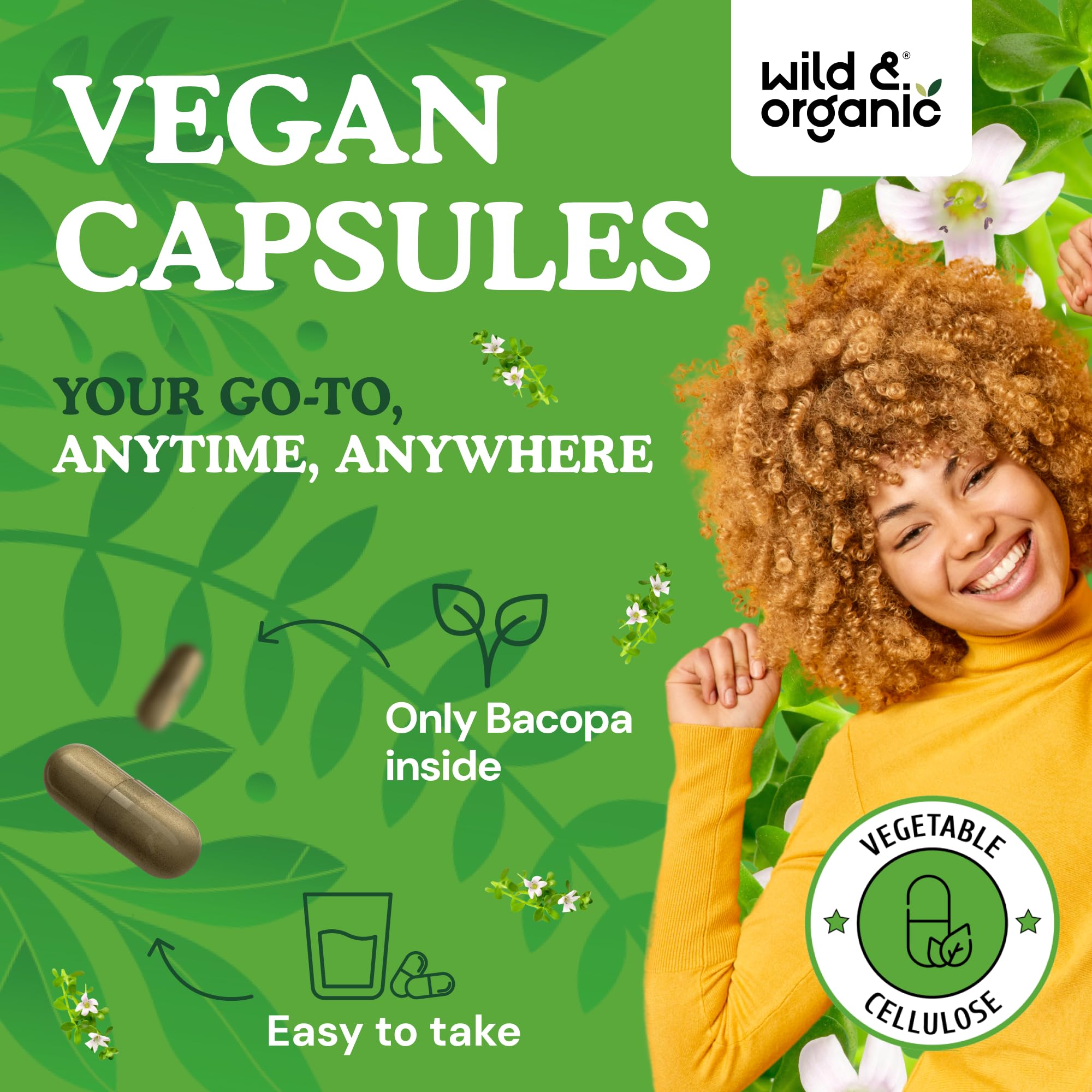 Wild & Organic capsules 600 mg bacopa monnieri – dosage élevé pour le soutien cérébral