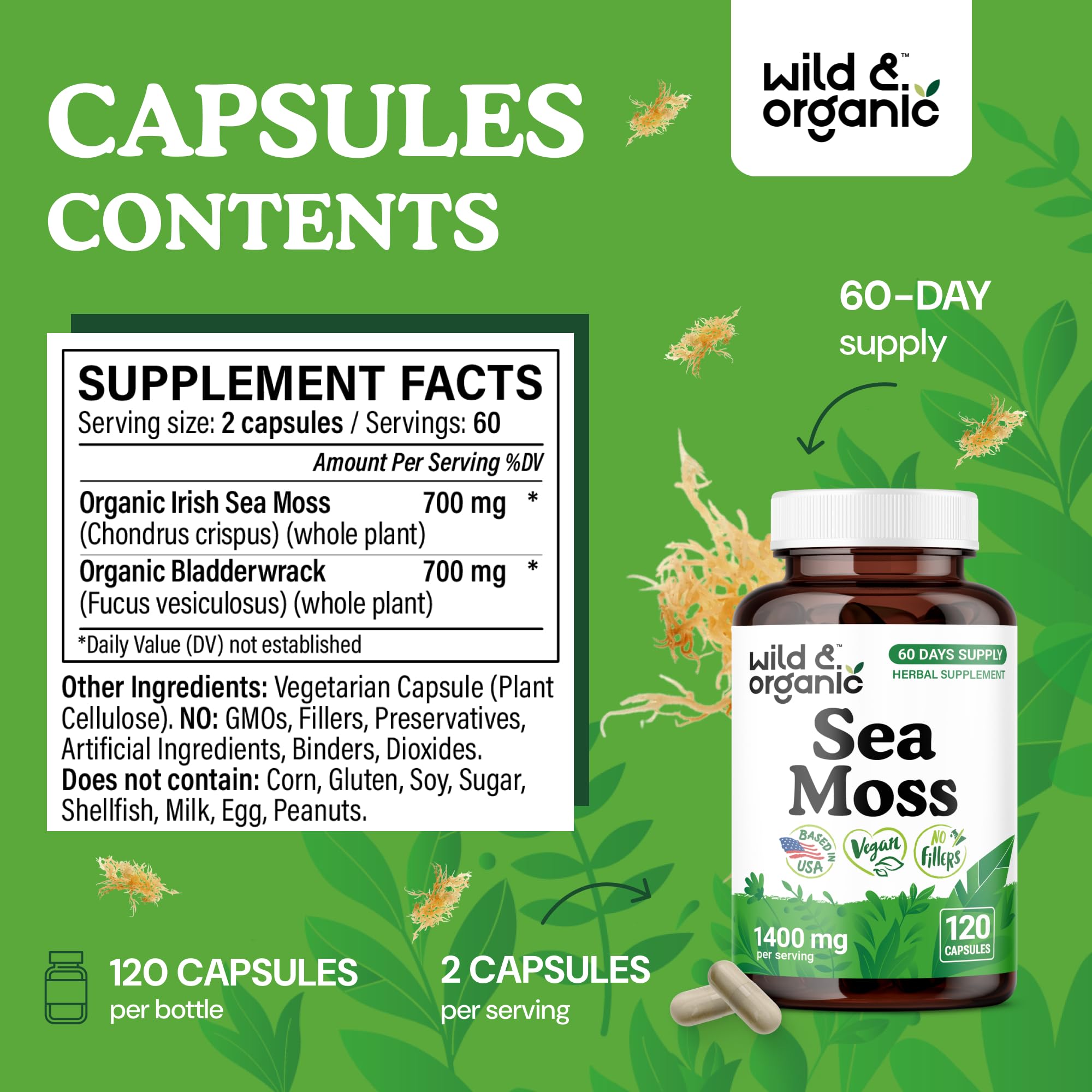 Wild & Organic capsules algues marines : bouteille ouverte facilitant le dosage