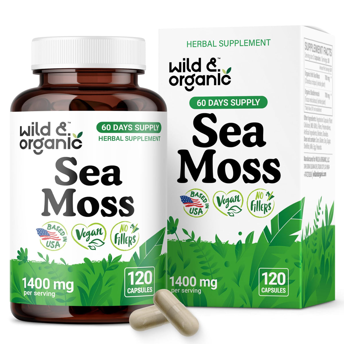 Wild & Organic capsules algues marines : bouteille montrant le complément naturel pour le bien‑être