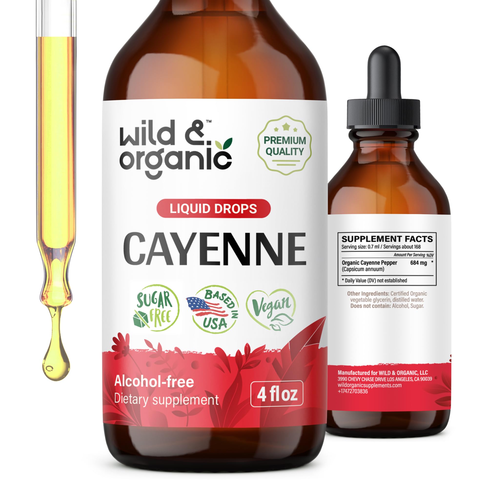 Wild & Organic Cayenne gouttes dans une bouteille prête à l'emploi.