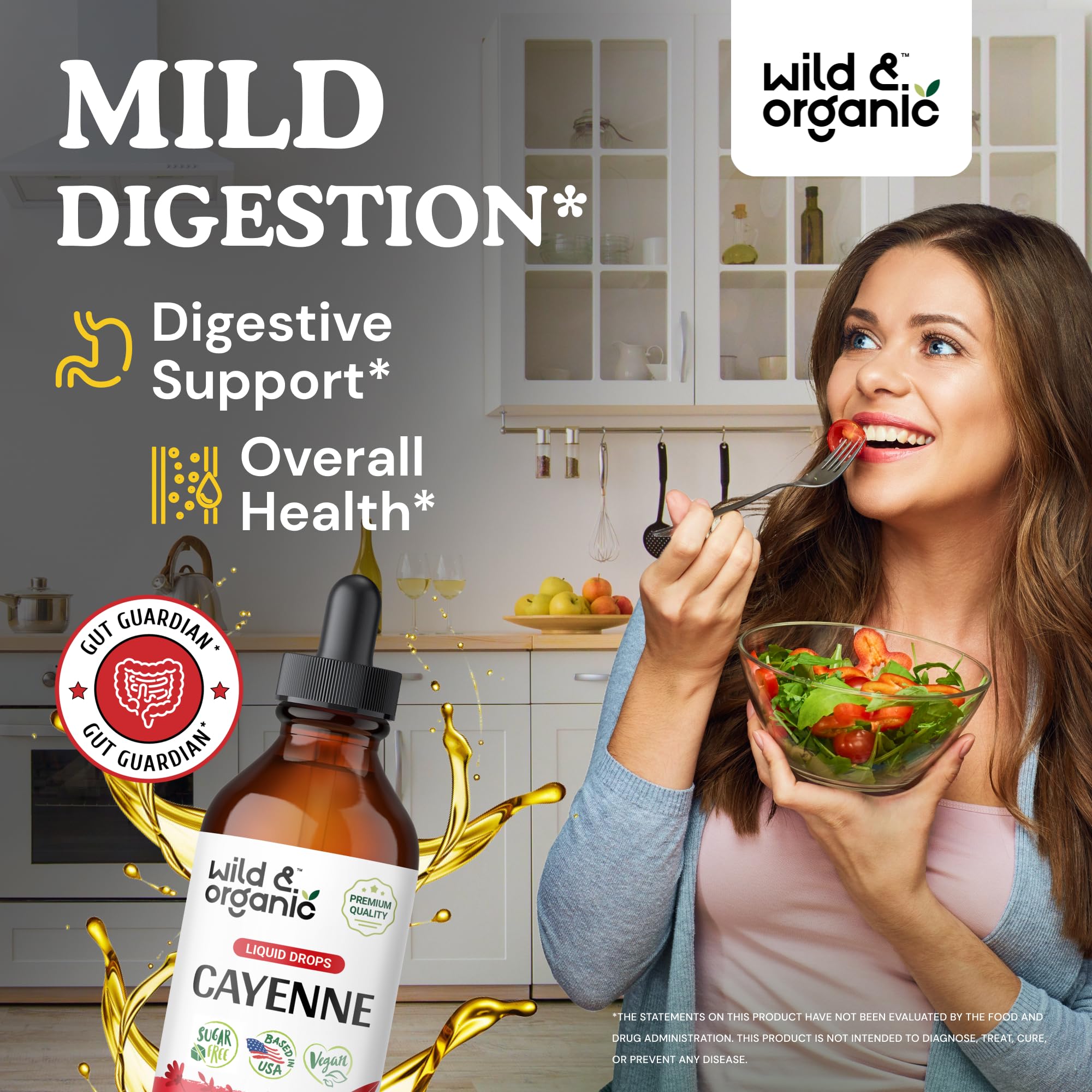 Gouttes Wild & Organic Cayenne avec pipette pour dosage précis.