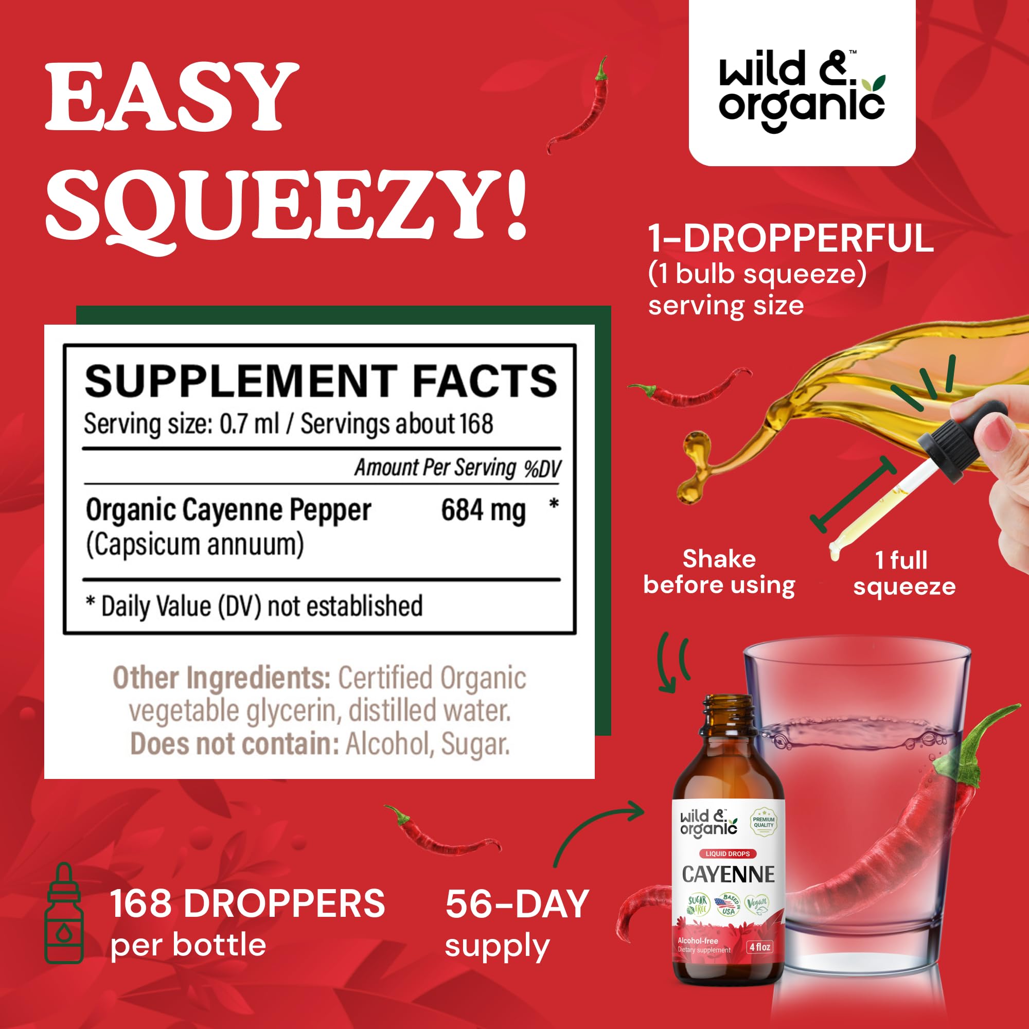 Pipette et flacon Wild & Organic Cayenne sur fond clair.