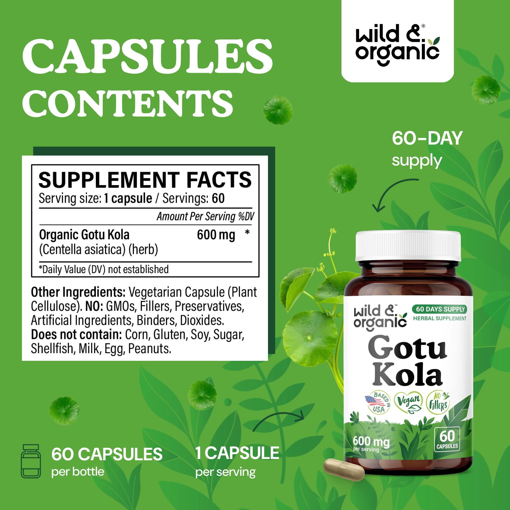 Wild & Organic Gotu Kola — extrait Centella asiatica, profil naturel sans additifs artificiels.