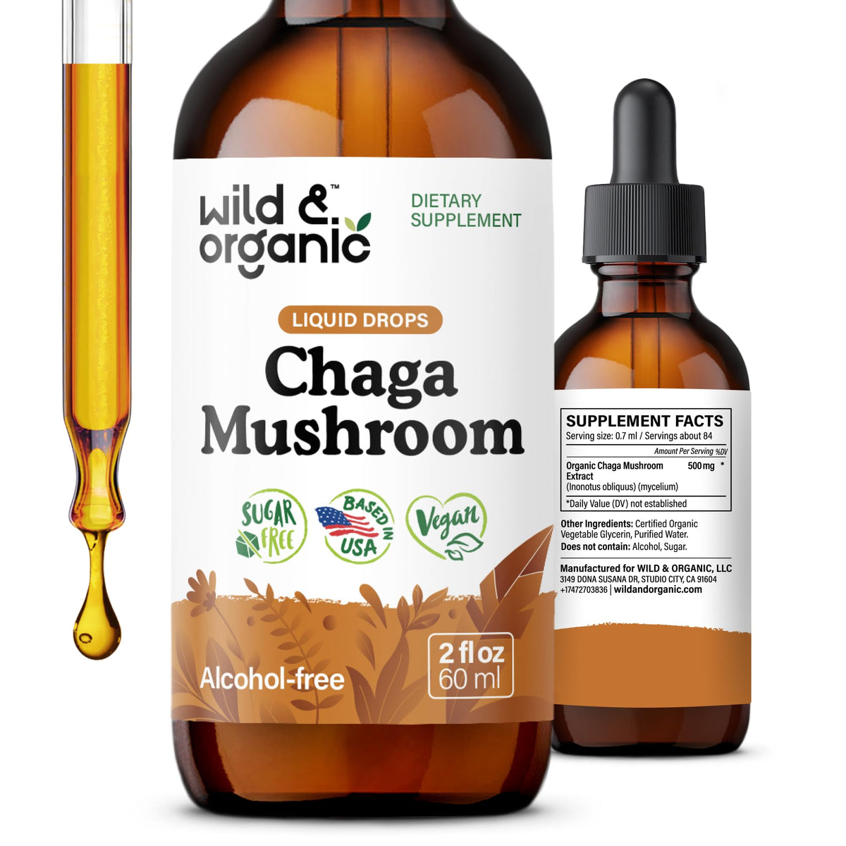 Bouteille Wild & Organic chaga sur table, utilisation quotidienne potentielle.
