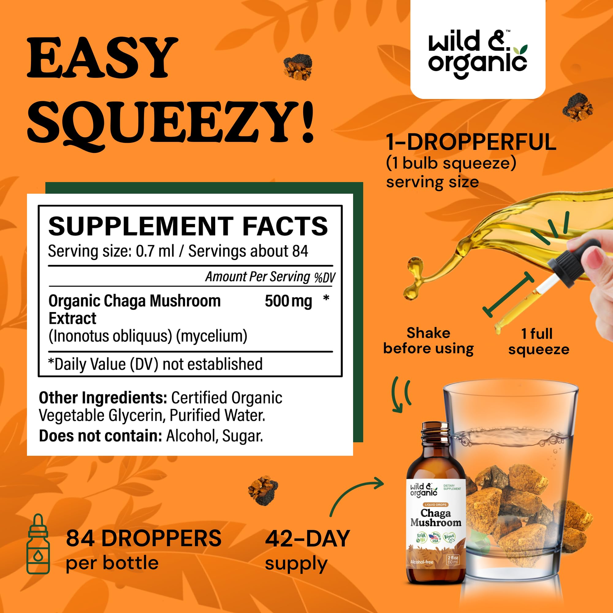 Gouttes Wild & Organic chaga avec doseur pour un usage précis.