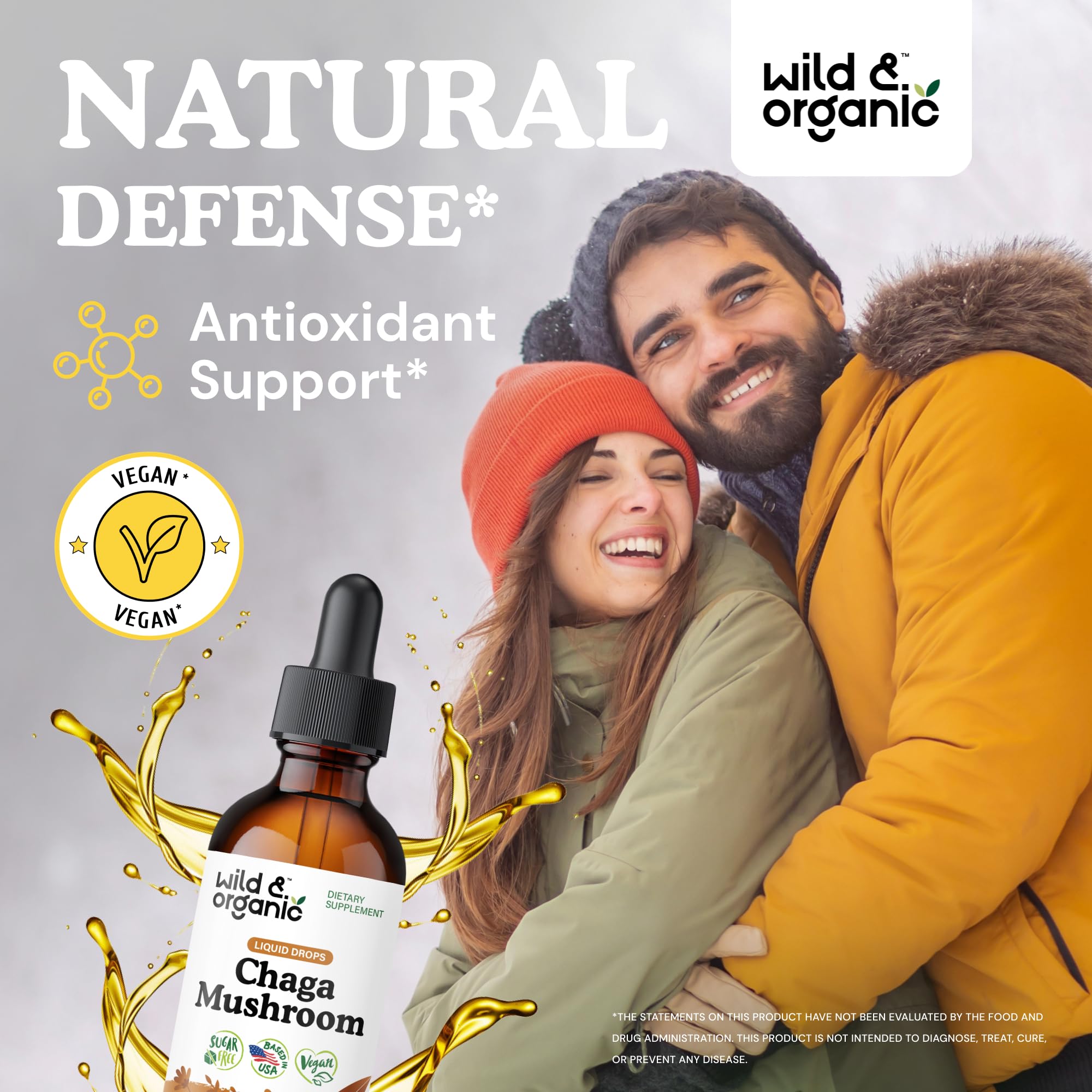 Étiquette Wild & Organic chaga montrant ingrédients vegan et sans additifs.