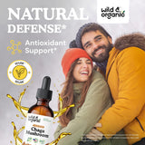 Étiquette Wild & Organic chaga montrant ingrédients vegan et sans additifs.