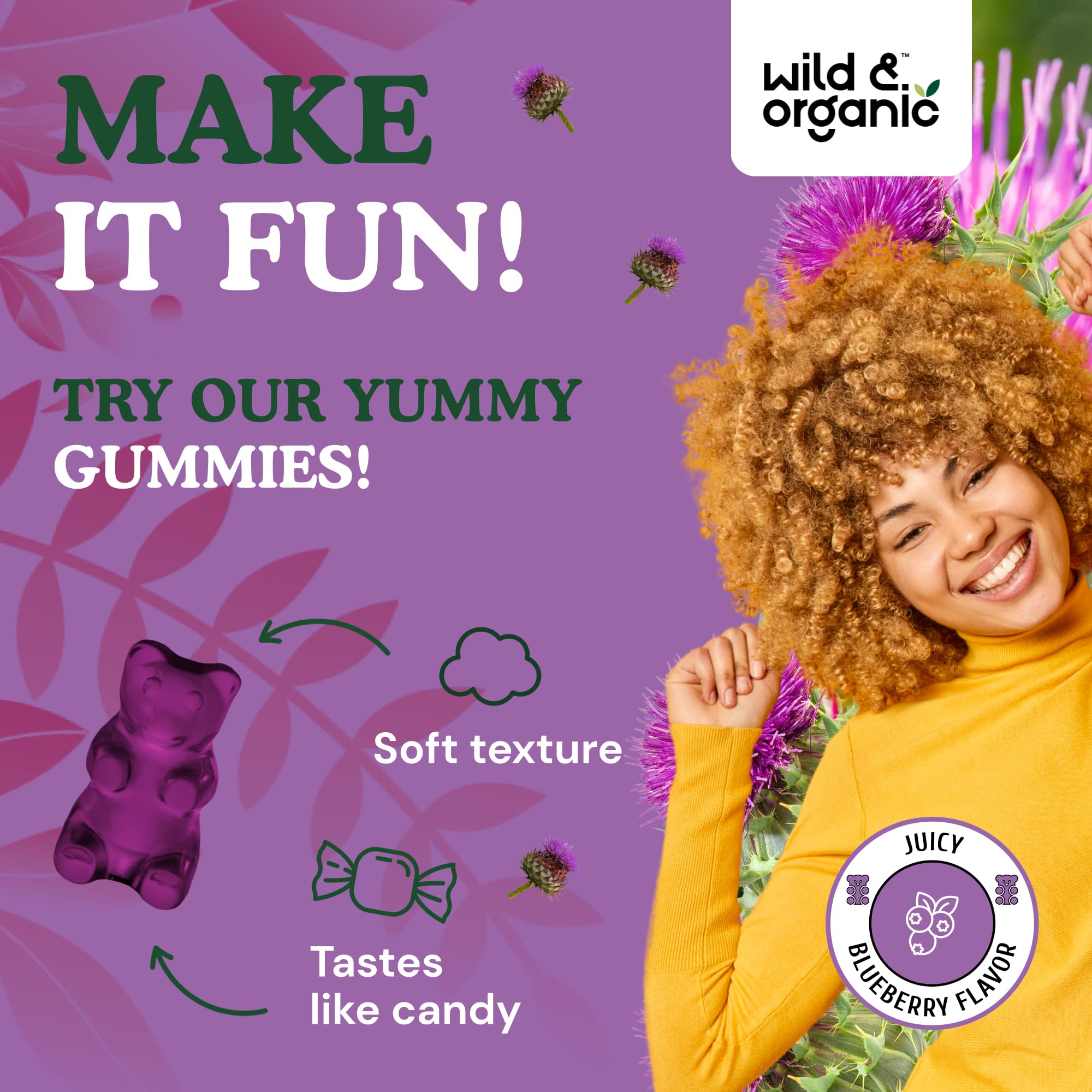 Goût bleuet des gommes Wild & Organic Chardon-Marie, expérience gourmande.