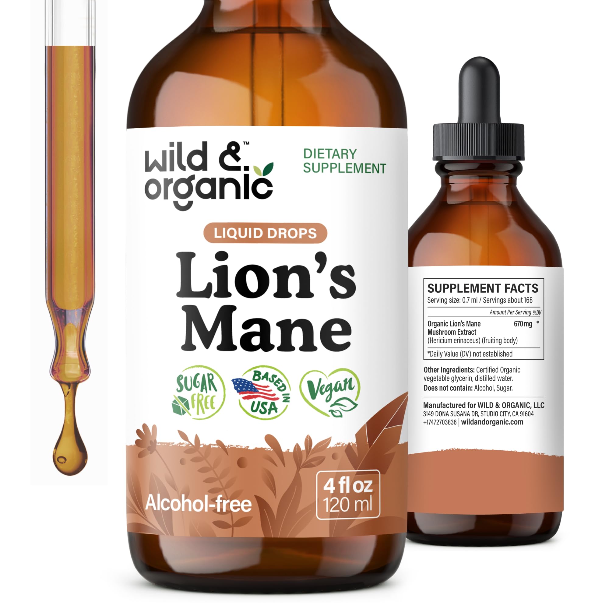 Wild & Organic gouttes de crinière de lion dans une bouteille, soutien potentiel à la concentration.