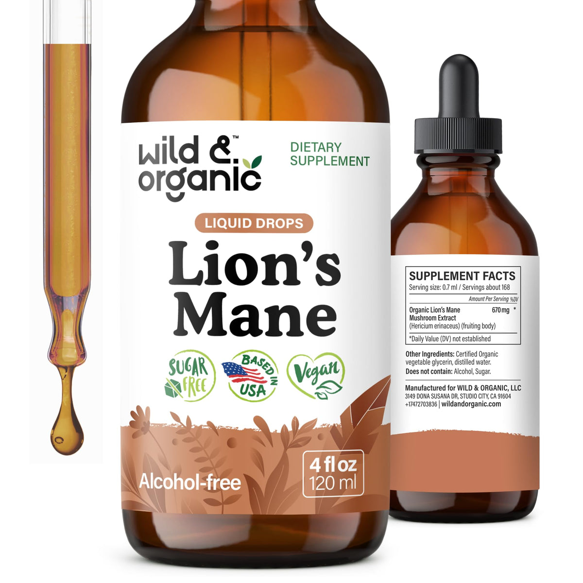 Wild & Organic gouttes de crinière de lion dans une bouteille, soutien potentiel à la concentration.