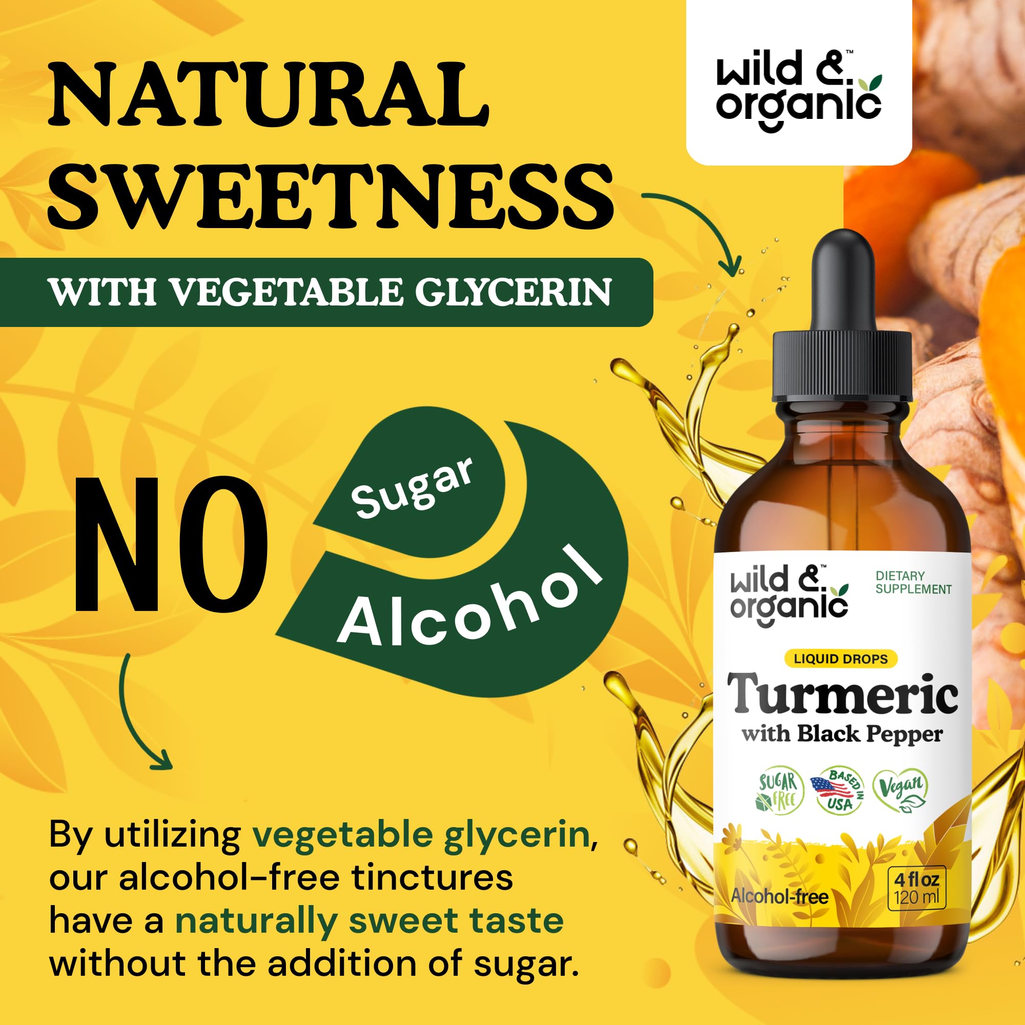 Wild & Organic curcuma-racine-et-poivre-noir: ingrédients naturels visibles pour inspirer confiance.