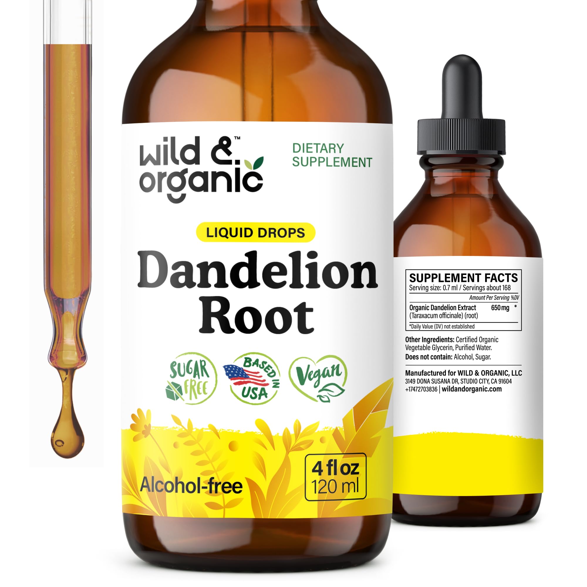 Wild & Organic Dandelion Root Drops: bouteille prête pour le soutien hépatique.