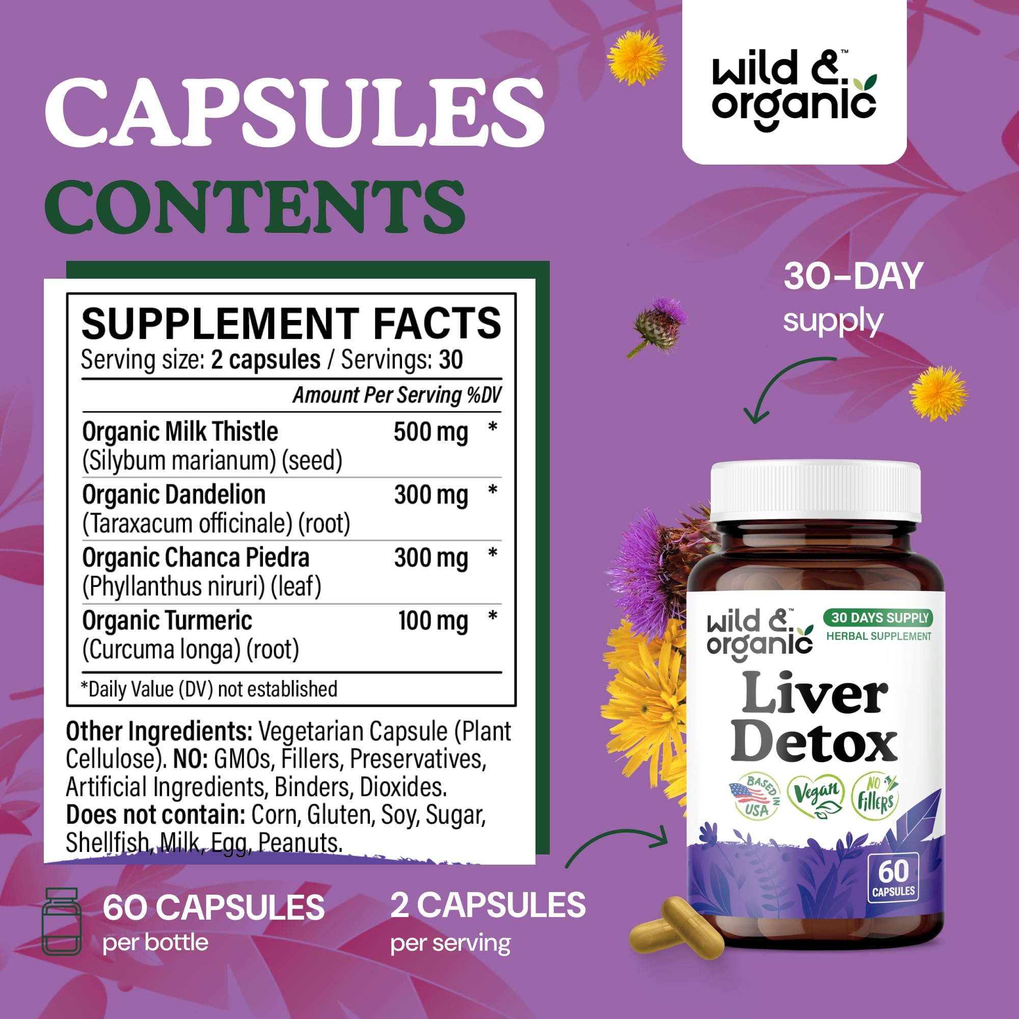 Étiquette végan et claire Wild & Organic détox hépatique sans additifs.