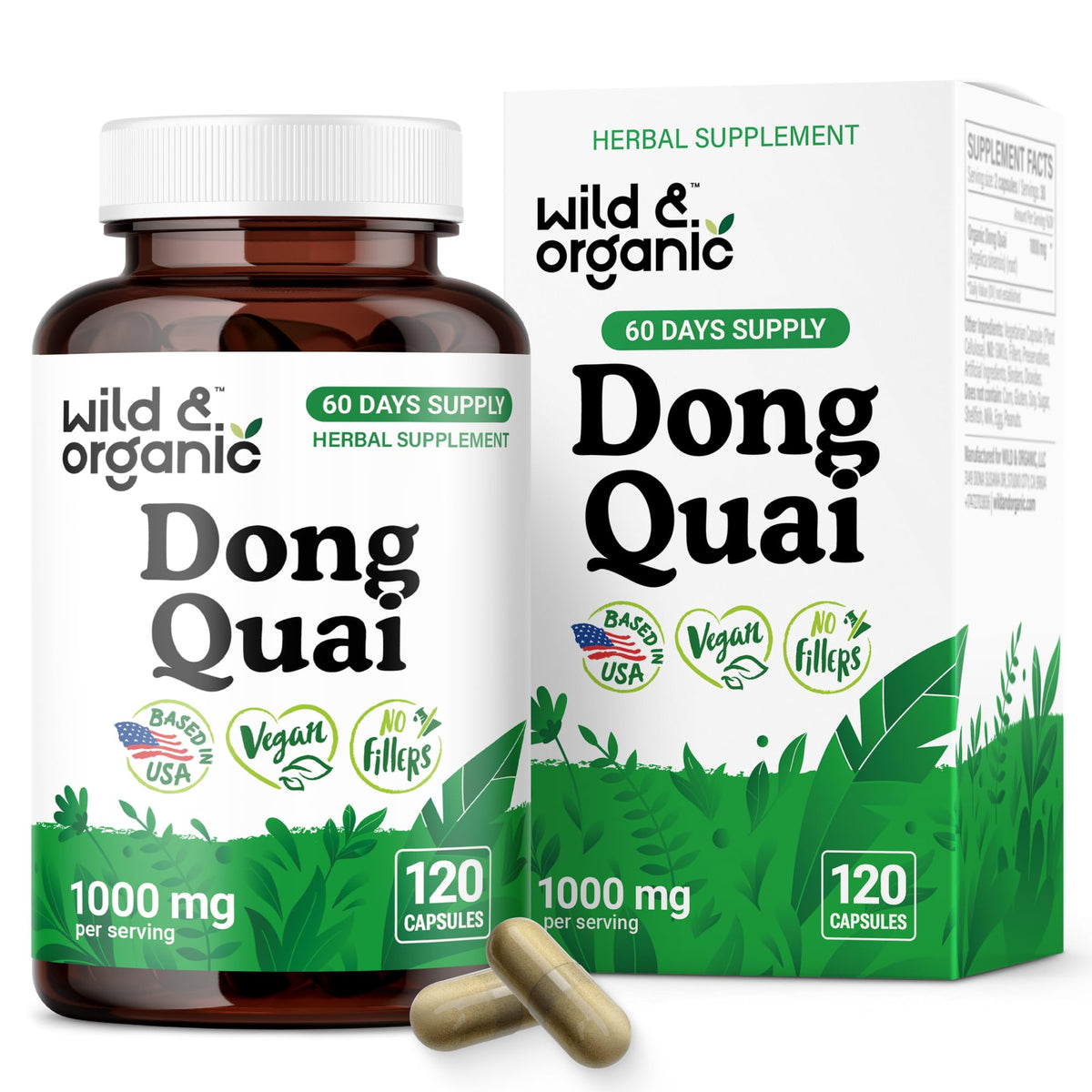 Wild & Organic dong quai: boîte visible, prise quotidienne potentielle.