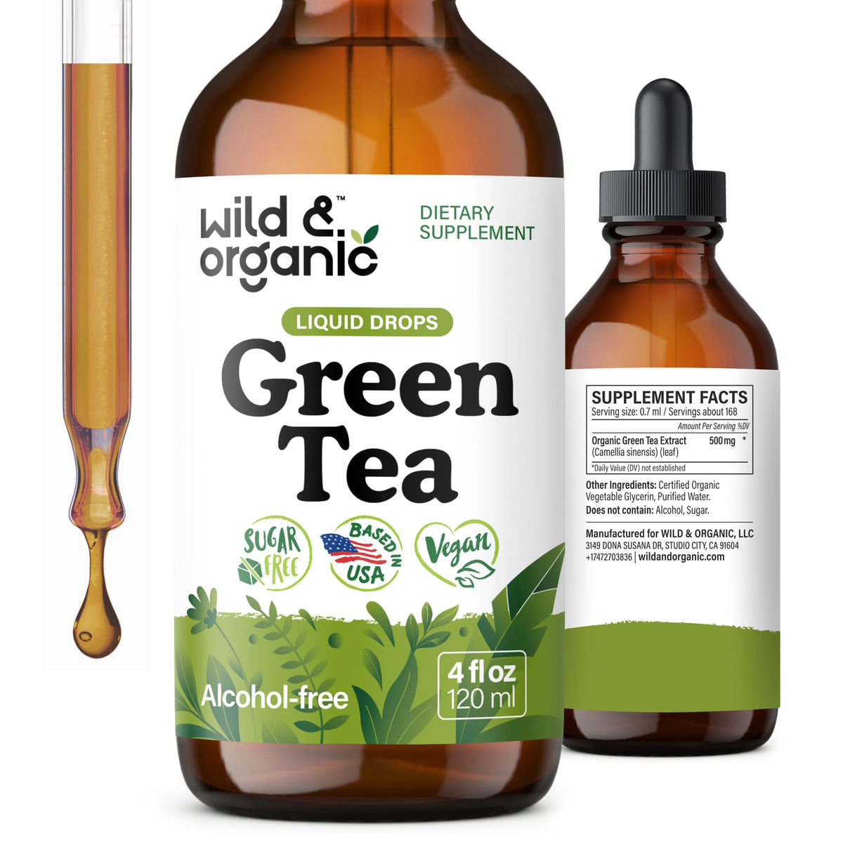 Wild & Organic Extrait thé vert: gouttes en bouteille avec pipette pour dosage facile