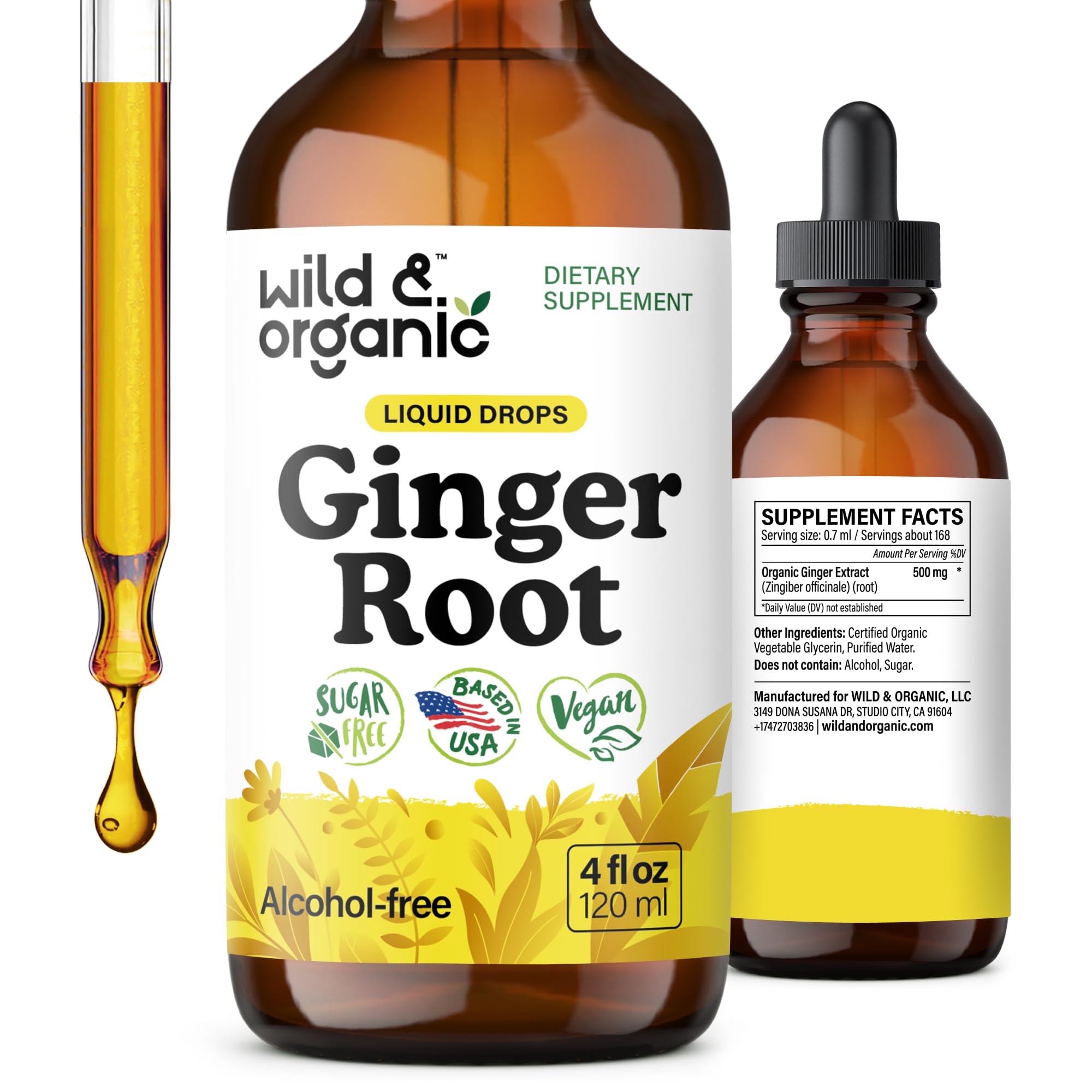 Wild & Organic extrait de gingembre en bouteille, soutien digestif naturel
