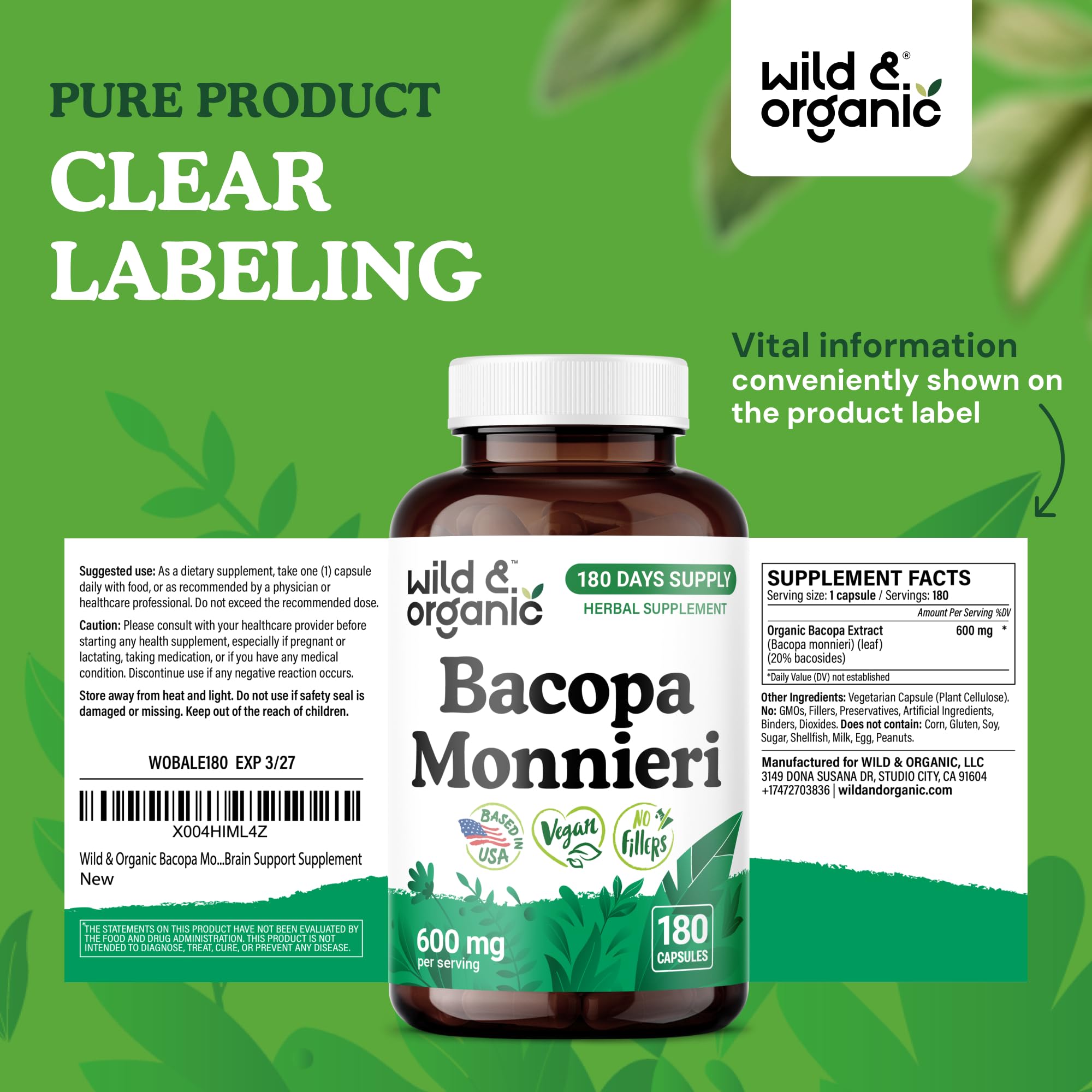 Wild & Organic feuilles herbe Bacopa Monnieri – plante utilisée pour le bien-être mental