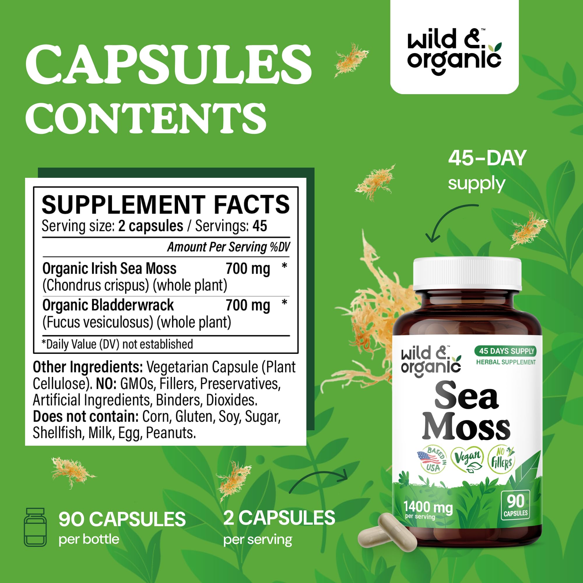 Wild & Organic poudre de fucus vésiculeux intégrée pour enrichir la formule naturelle.