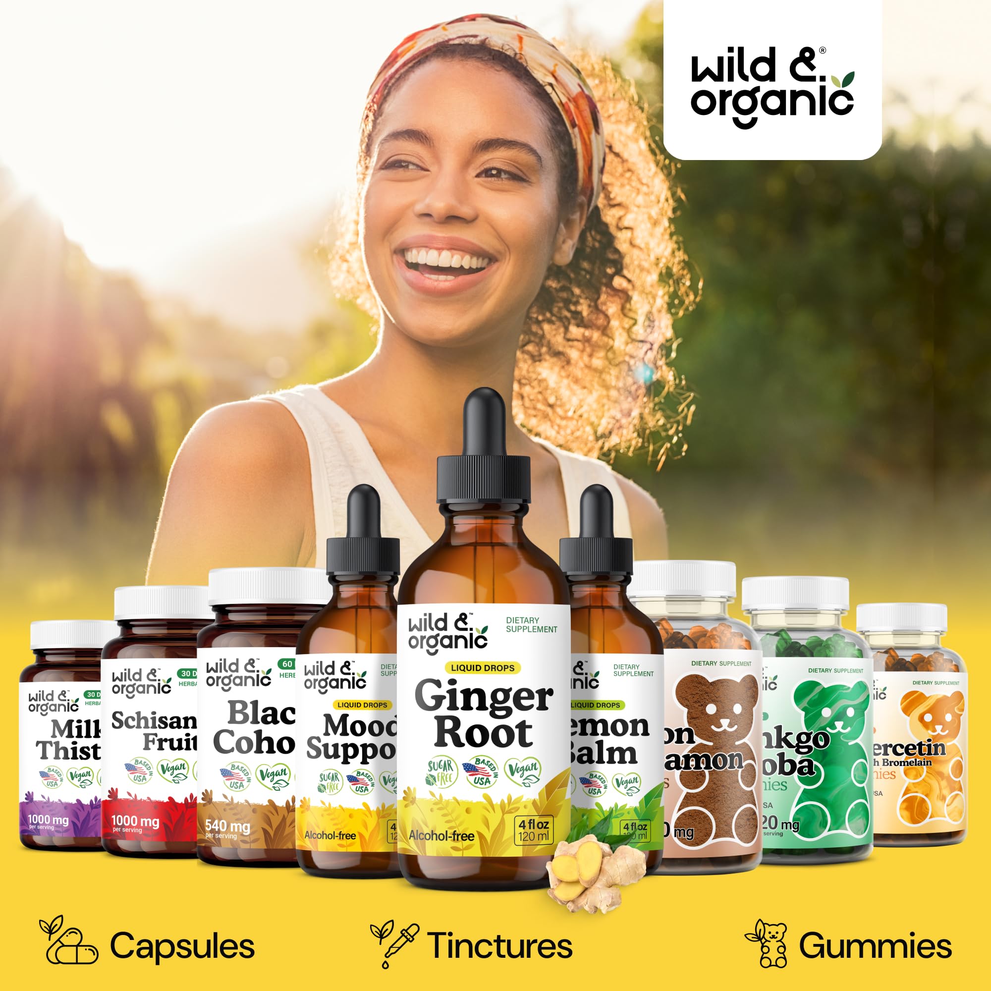 Bouteille Wild & Organic de gingembre avec étiquette claire et lisible