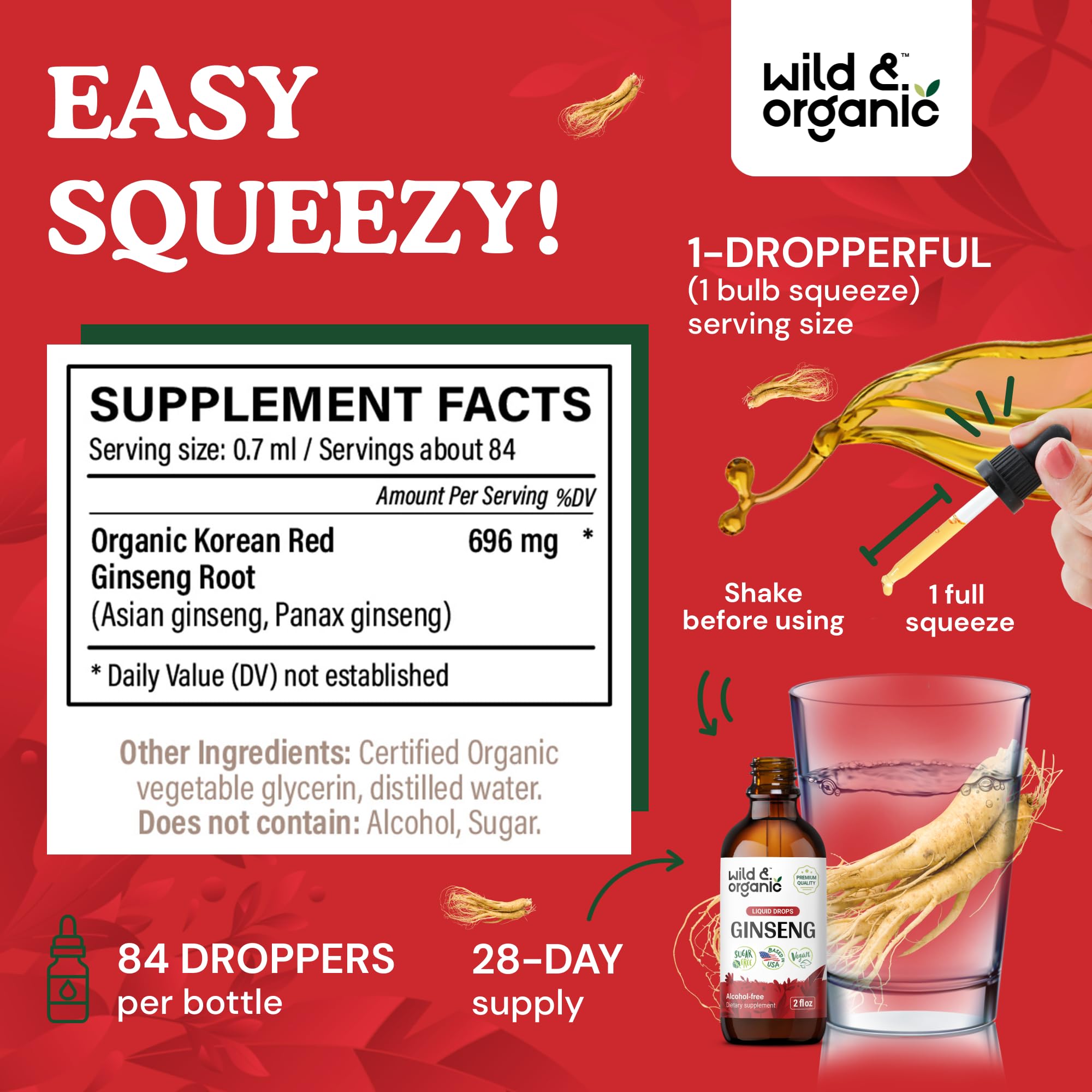 Étiquette Wild & Organic sur bouteille 60 ml, vegan et sans alcool.