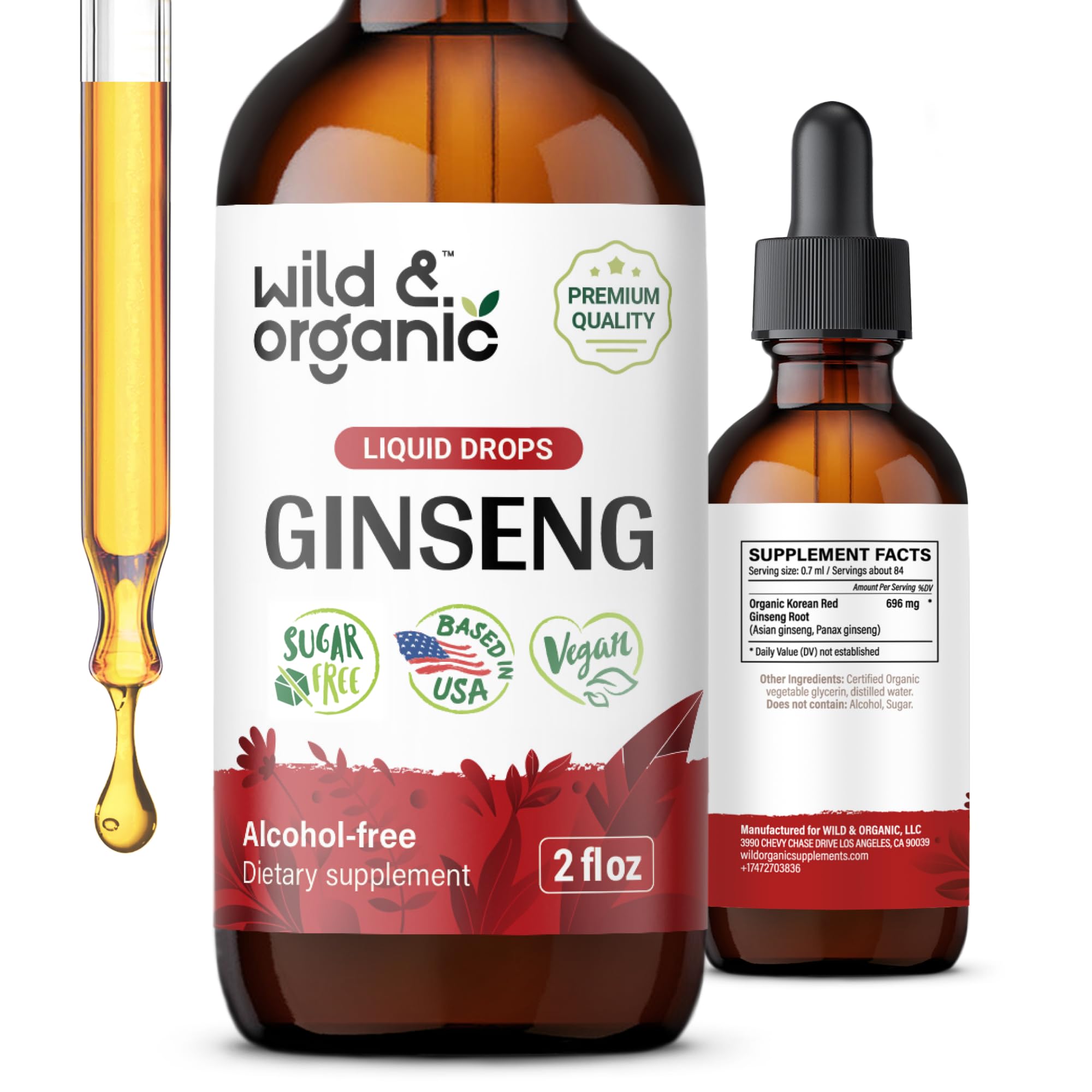 Wild & Organic ginseng rouge coréen extrait, gouttes en bouteille pour le bien-être quotidien.