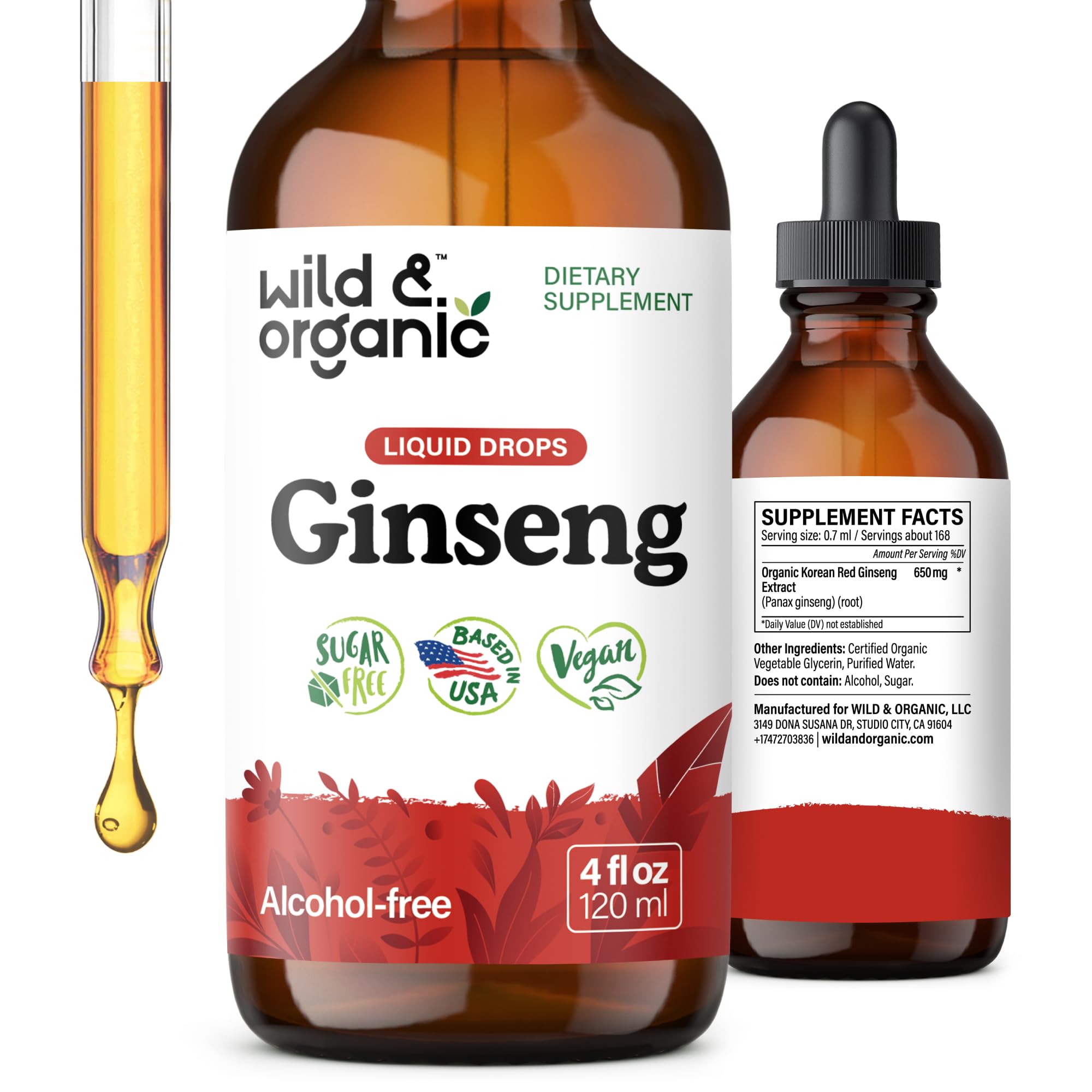 Wild & Organic ginseng rouge extrait en bouteille 4 oz, soutien potentiel au bien-être.