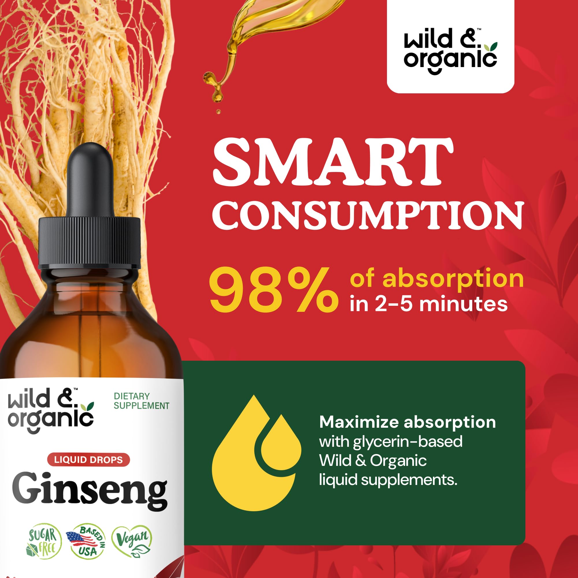 Wild & Organic ginseng rouge sans alcool, base glycérinée, dégustation facile.