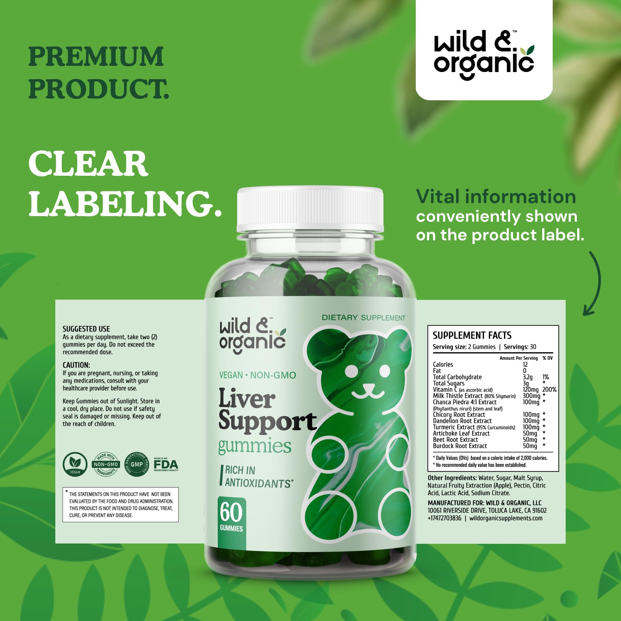 Gommes Wild & Organic, informations claires sur les ingrédients et l’usage.