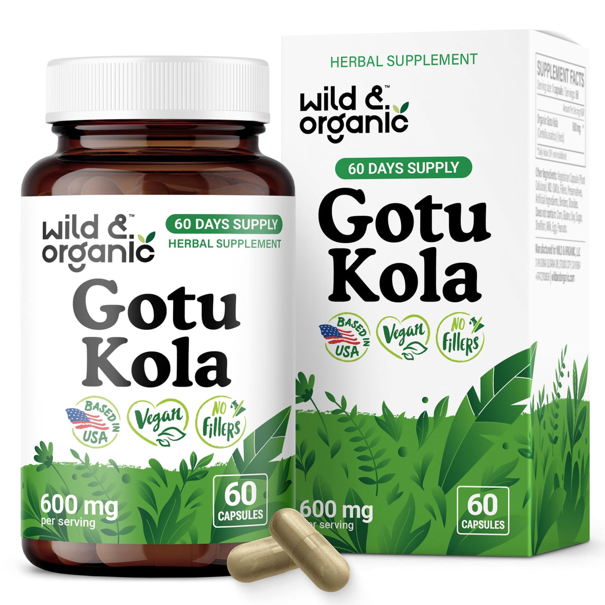 Wild & Organic Gotu Kola — flacon visible, soutien potentiel à la concentration.