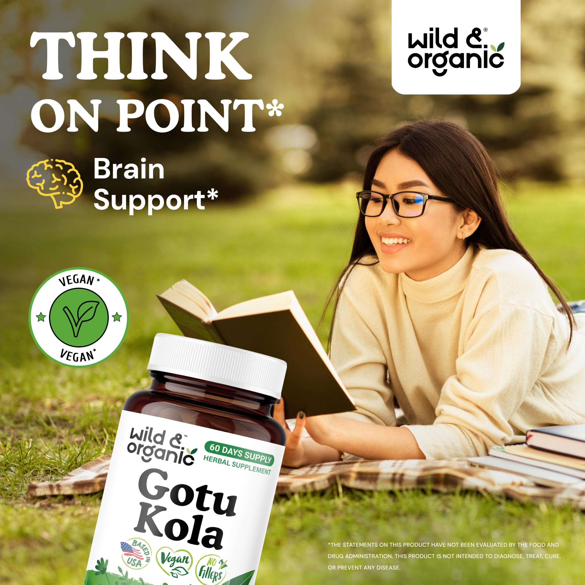 Wild & Organic Gotu Kola — gélules visibles, formulation végan et sans OGM.