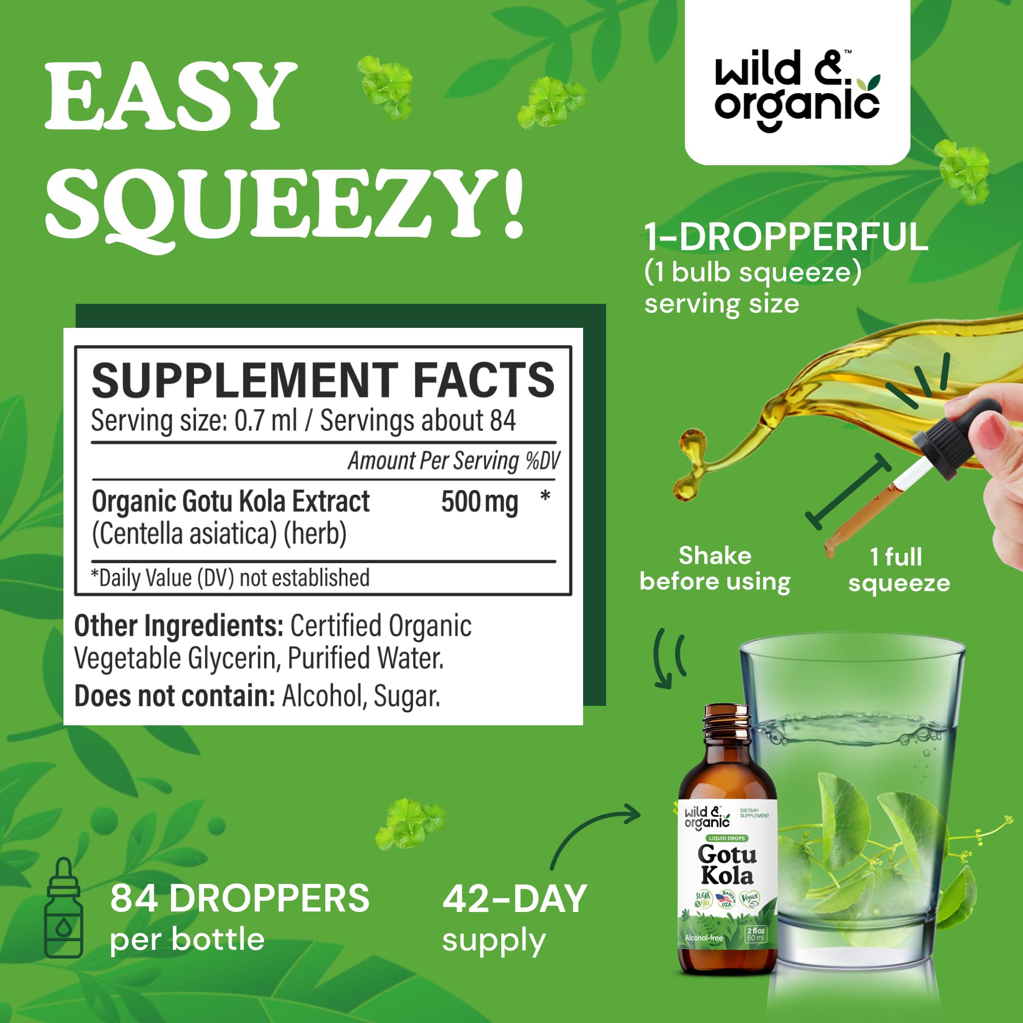 Wild & Organic Gotu Kola étiquette claire, informations transparentes et sans artifices