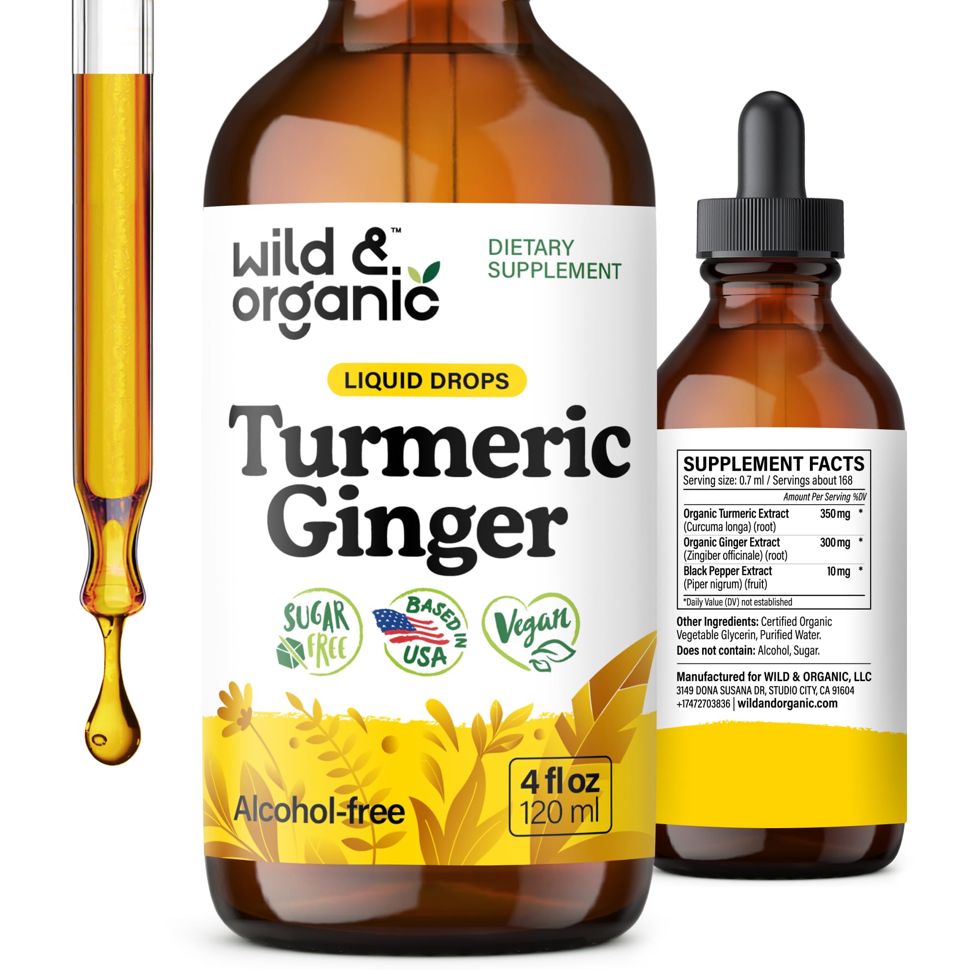 Wild & Organic Gouttes Curcuma Gingembre : bouteille ouverte prête à l'emploi, soutien potentiel des articulations.