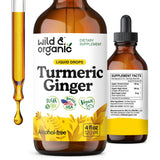 Wild & Organic Gouttes Curcuma Gingembre : bouteille ouverte prête à l'emploi, soutien potentiel des articulations.