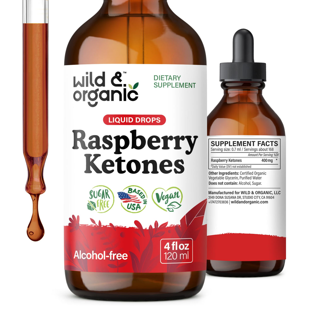 Wild & Organic gouttes framboise bouteille 4oz prête pour le quotidien.