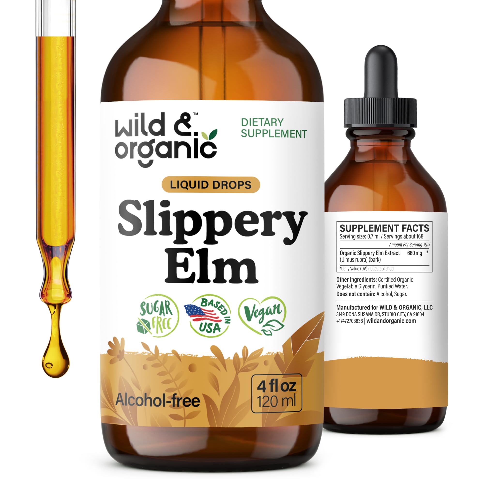 Gouttes Wild & Organic d’Orme glissant en bouteille, faciles à utiliser